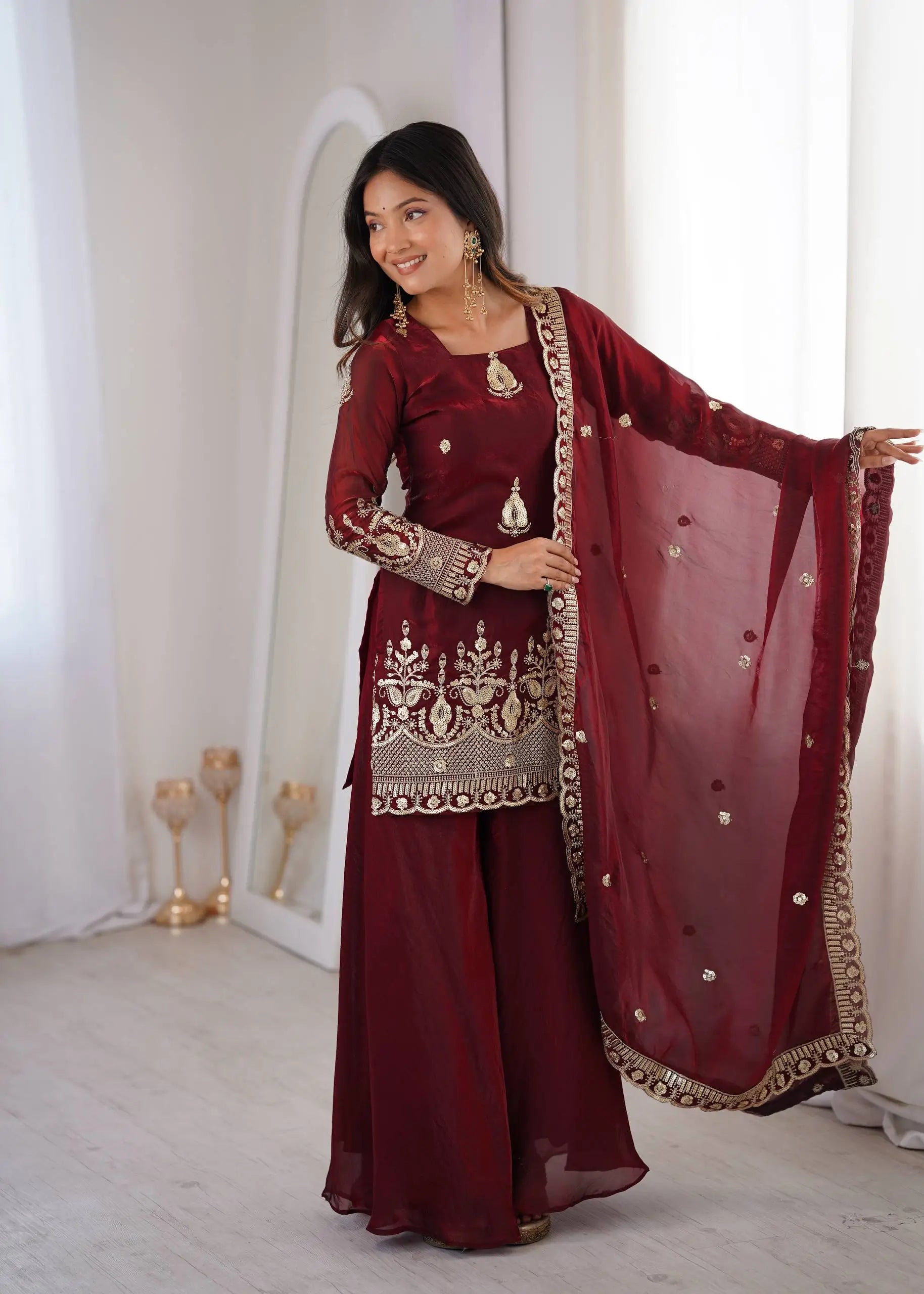 Red Elegant Fendy Silk Sharara Suit Set for Festive and marriage guest outfit