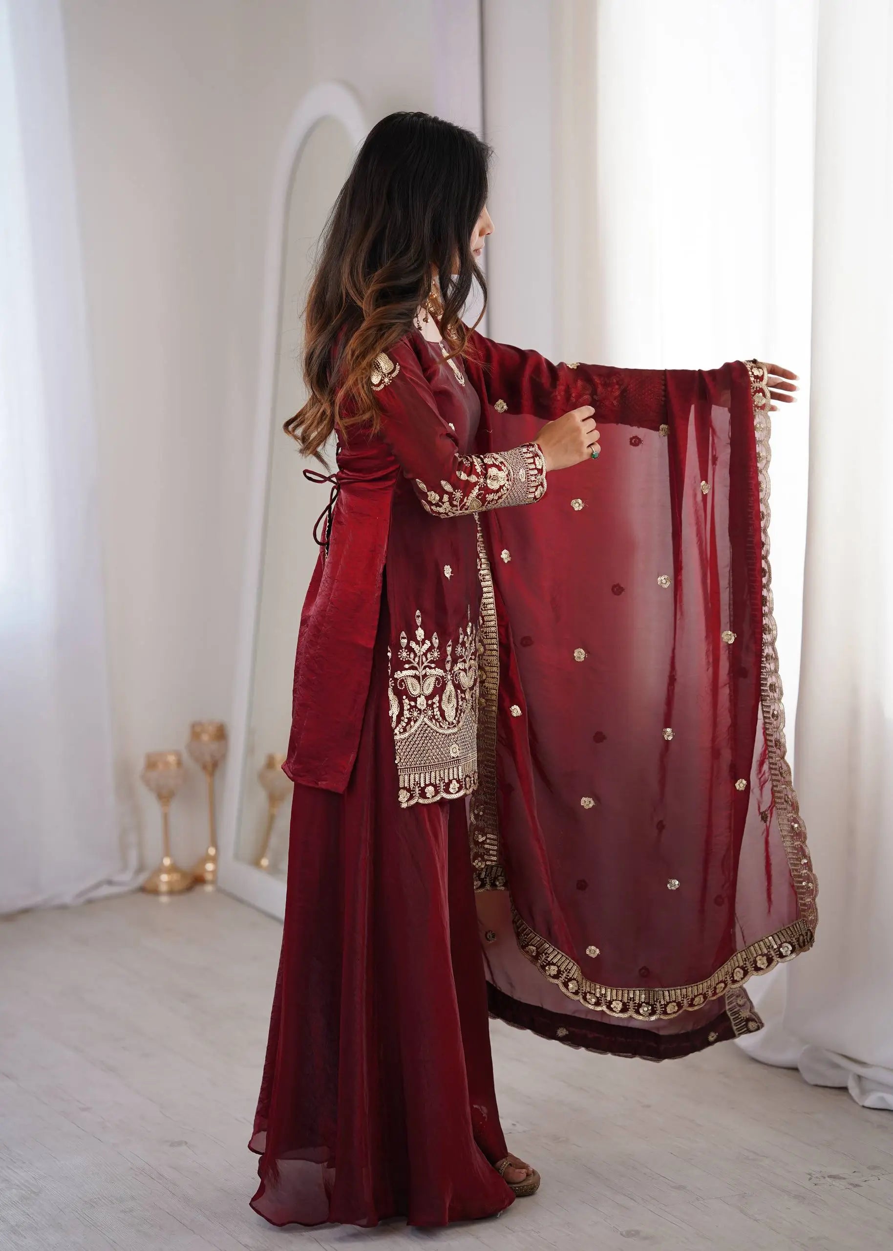 Red Elegant Fendy Silk Sharara Suit Set for Festive and marriage guest outfit