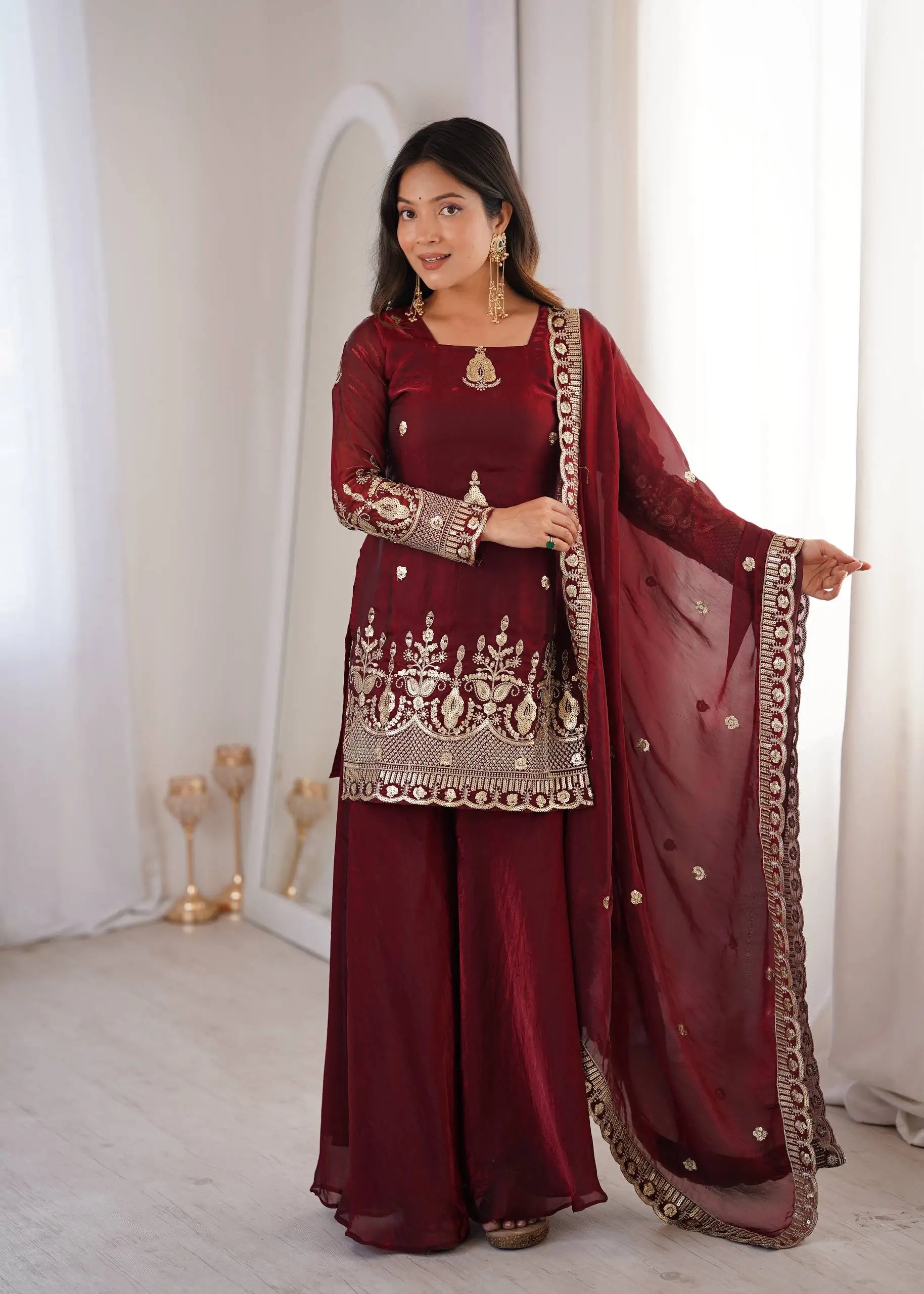Red Elegant Fendy Silk Sharara Suit Set for Festive and marriage guest outfit