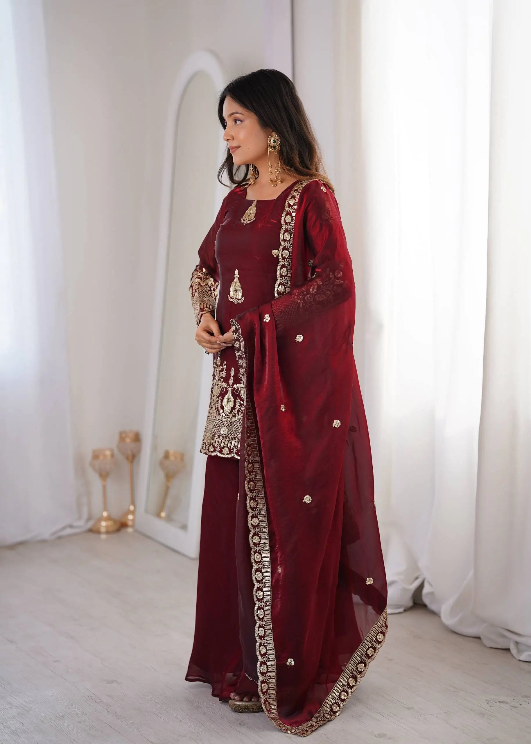 Red Elegant Fendy Silk Sharara Suit Set for Festive and marriage guest outfit