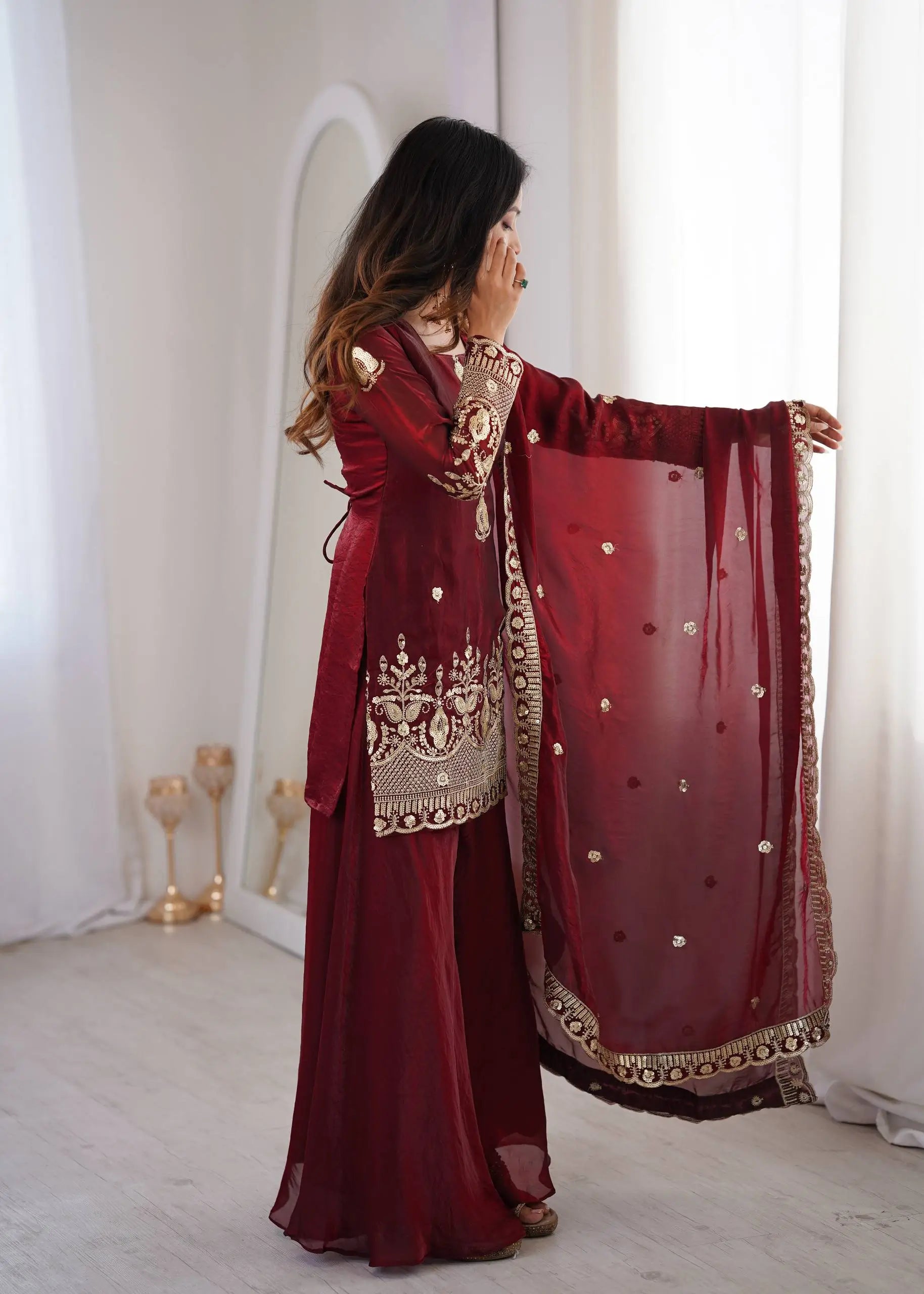Red Elegant Fendy Silk Sharara Suit Set for Festive and marriage guest outfit