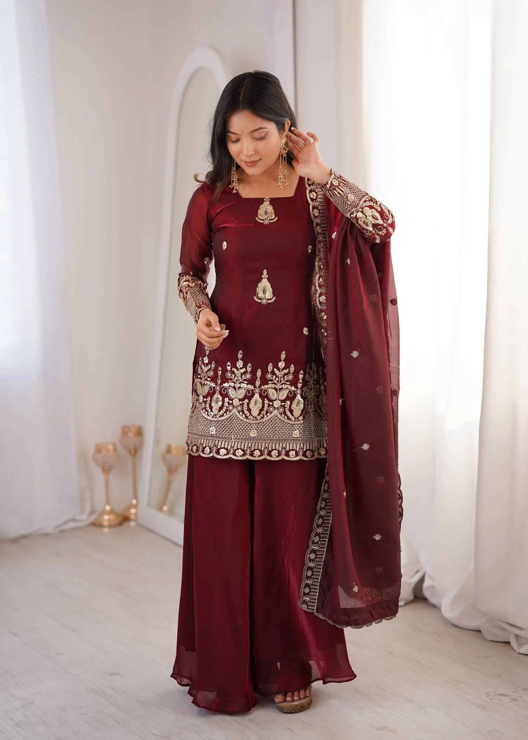 Red Elegant Fendy Silk Sharara Suit Set for Festive and marriage guest outfit
