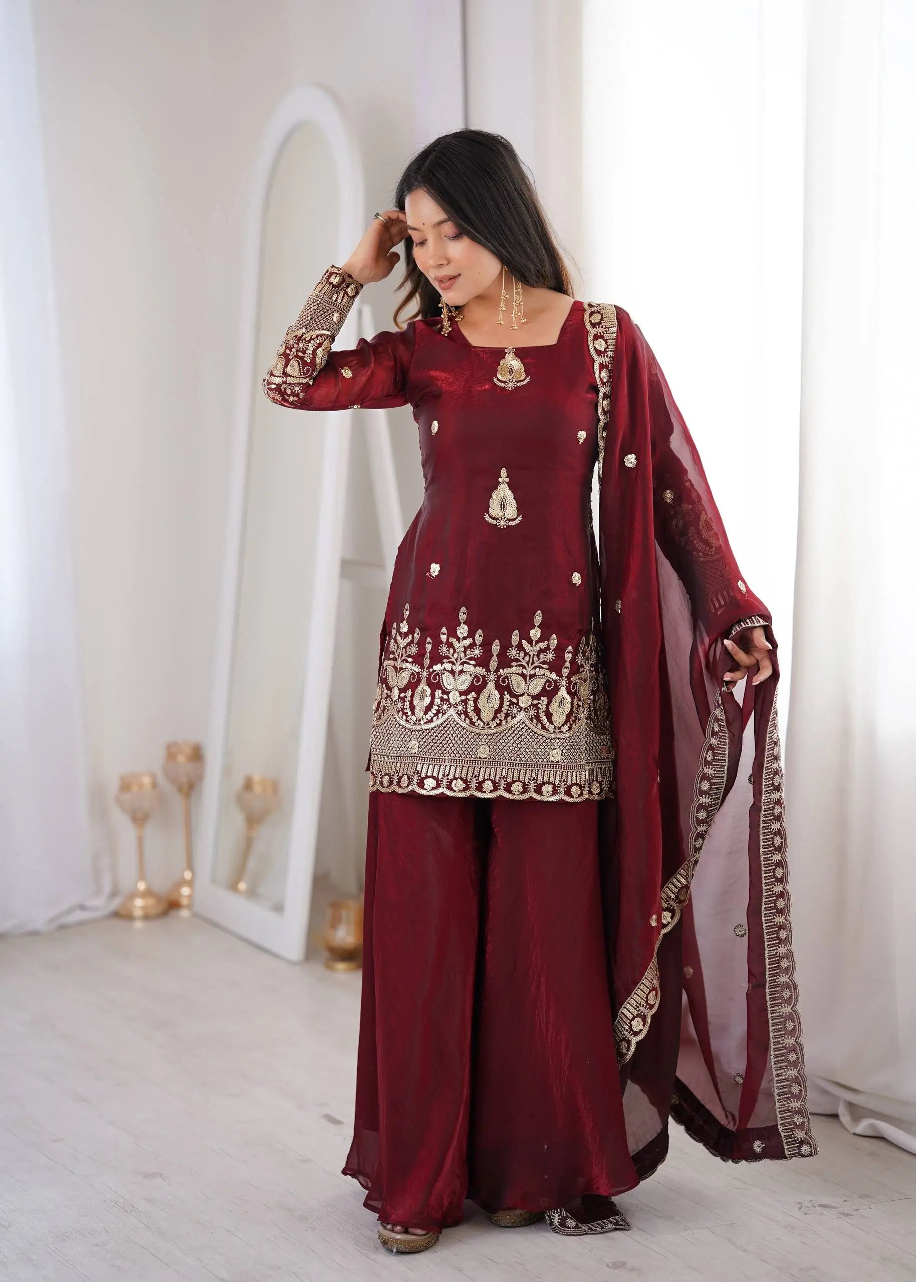 Red Elegant Fendy Silk Sharara Suit Set for Festive and marriage guest outfit