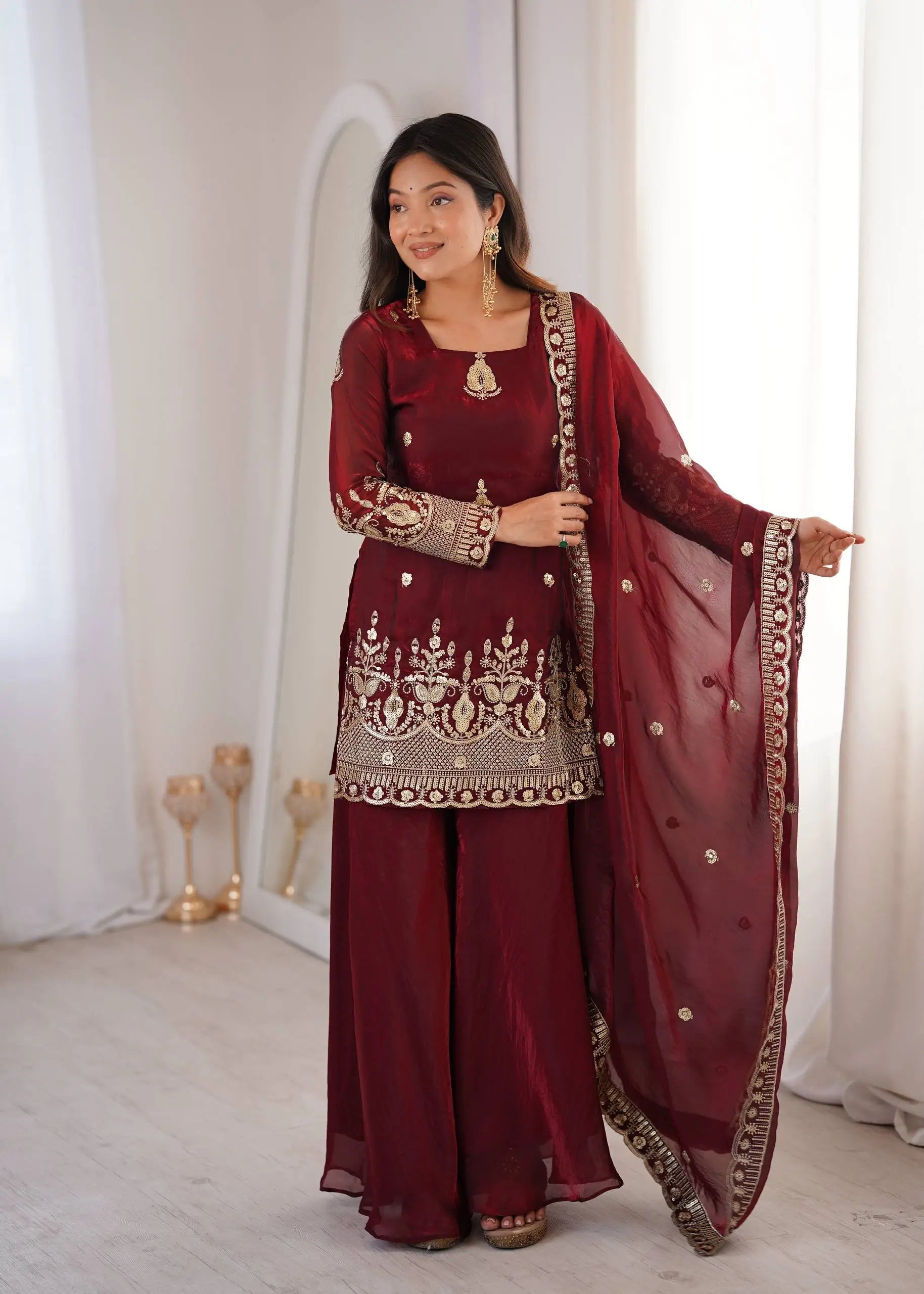 Red Elegant Fendy Silk Sharara Suit Set for Festive and marriage guest outfit
