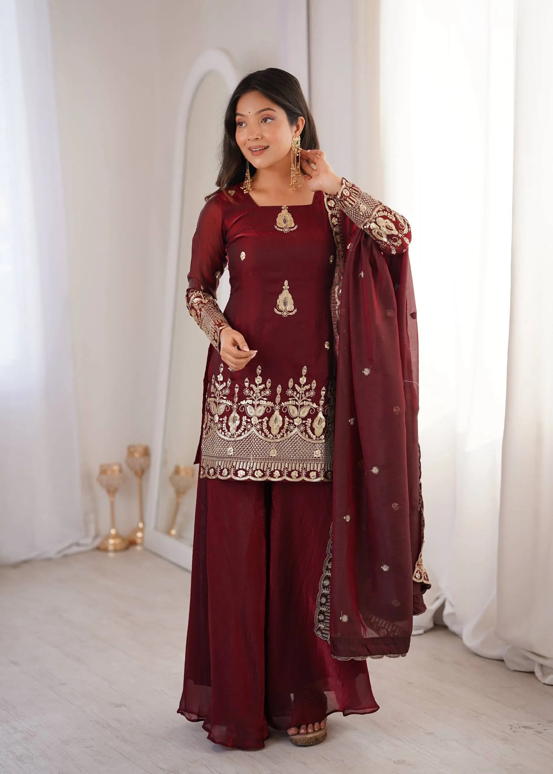 Red Elegant Fendy Silk Sharara Suit Set for Festive and marriage guest outfit