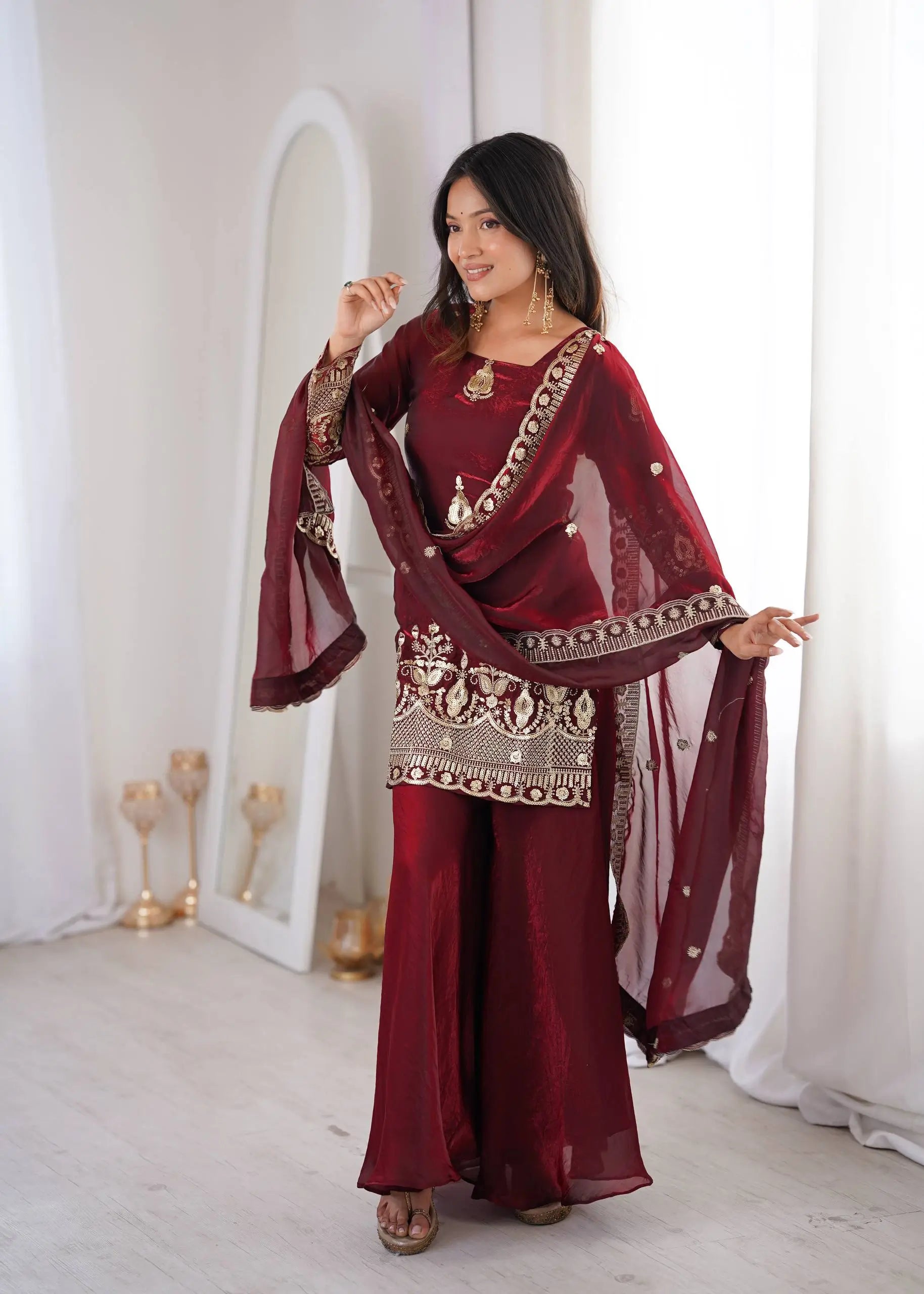 Red Elegant Fendy Silk Sharara Suit Set for Festive and marriage guest outfit