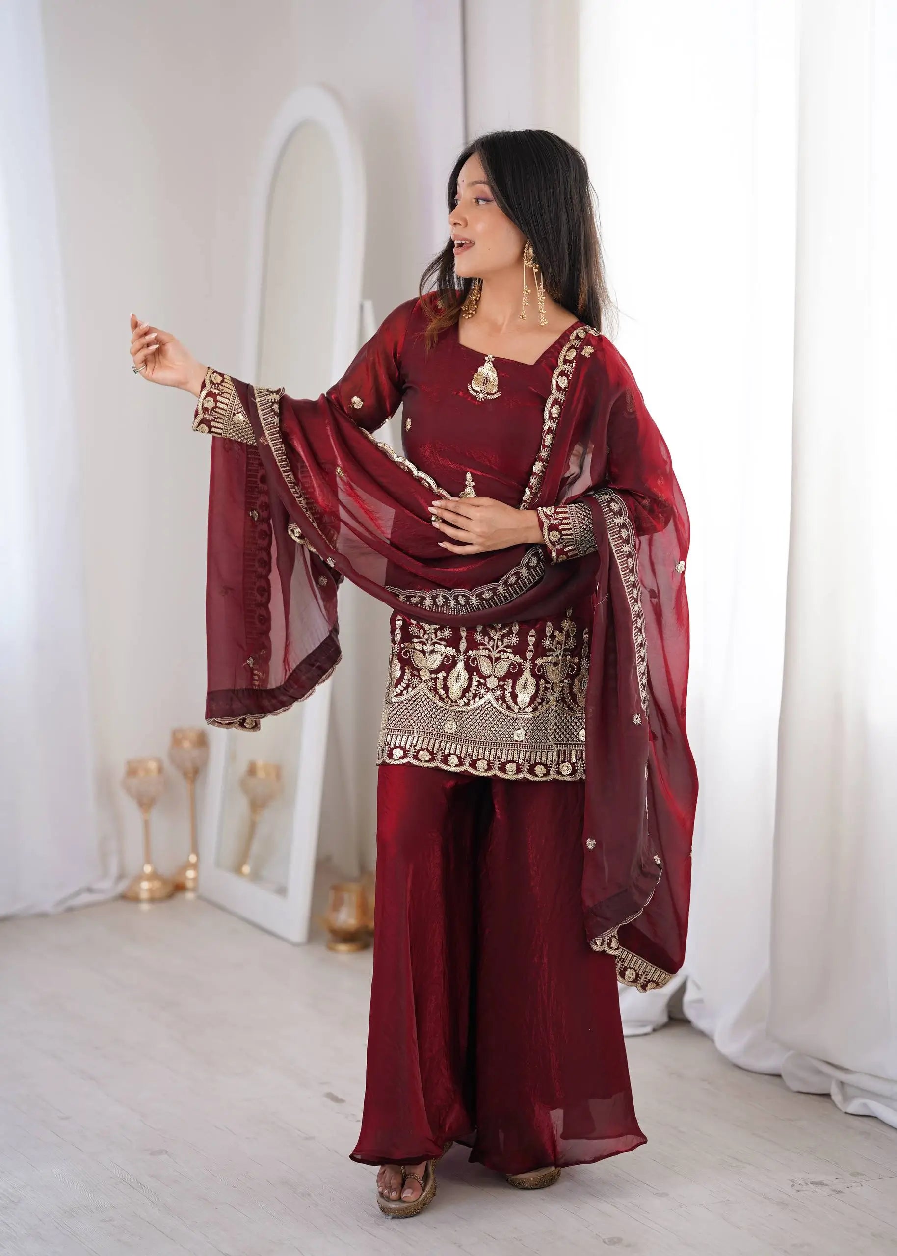 Red Elegant Fendy Silk Sharara Suit Set for Festive and marriage guest outfit
