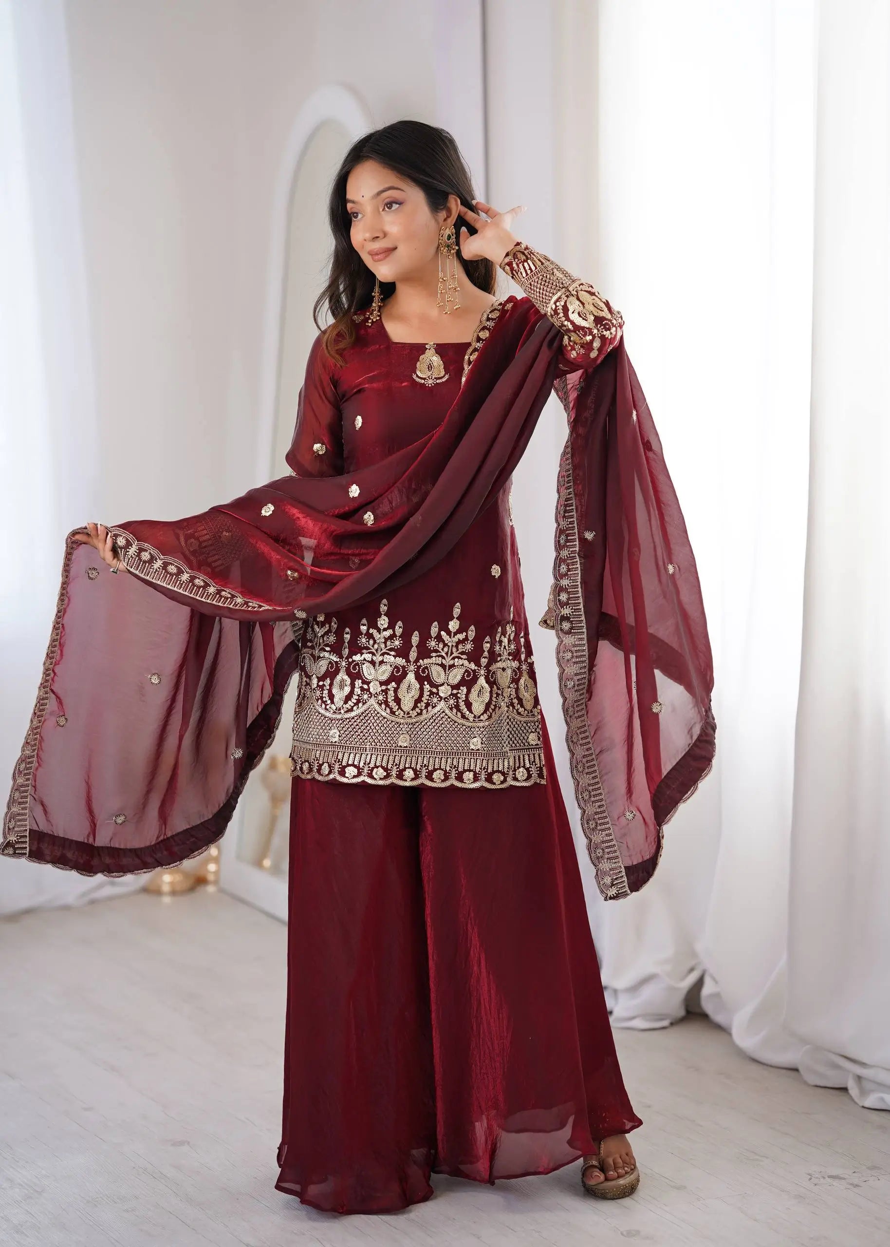 Red Elegant Fendy Silk Sharara Suit Set for Festive and marriage guest outfit