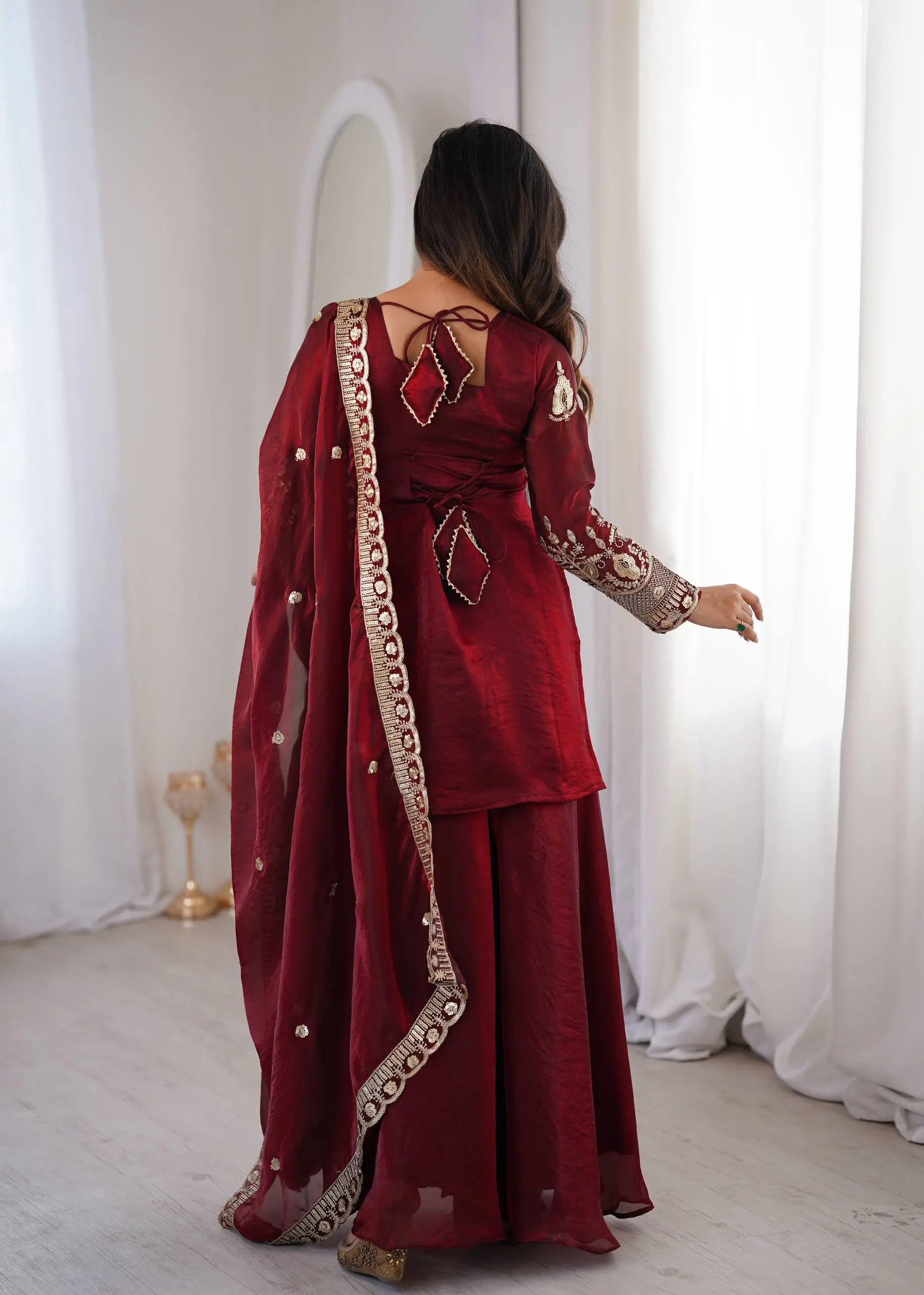 Red Elegant Fendy Silk Sharara Suit Set for Festive and marriage guest outfit