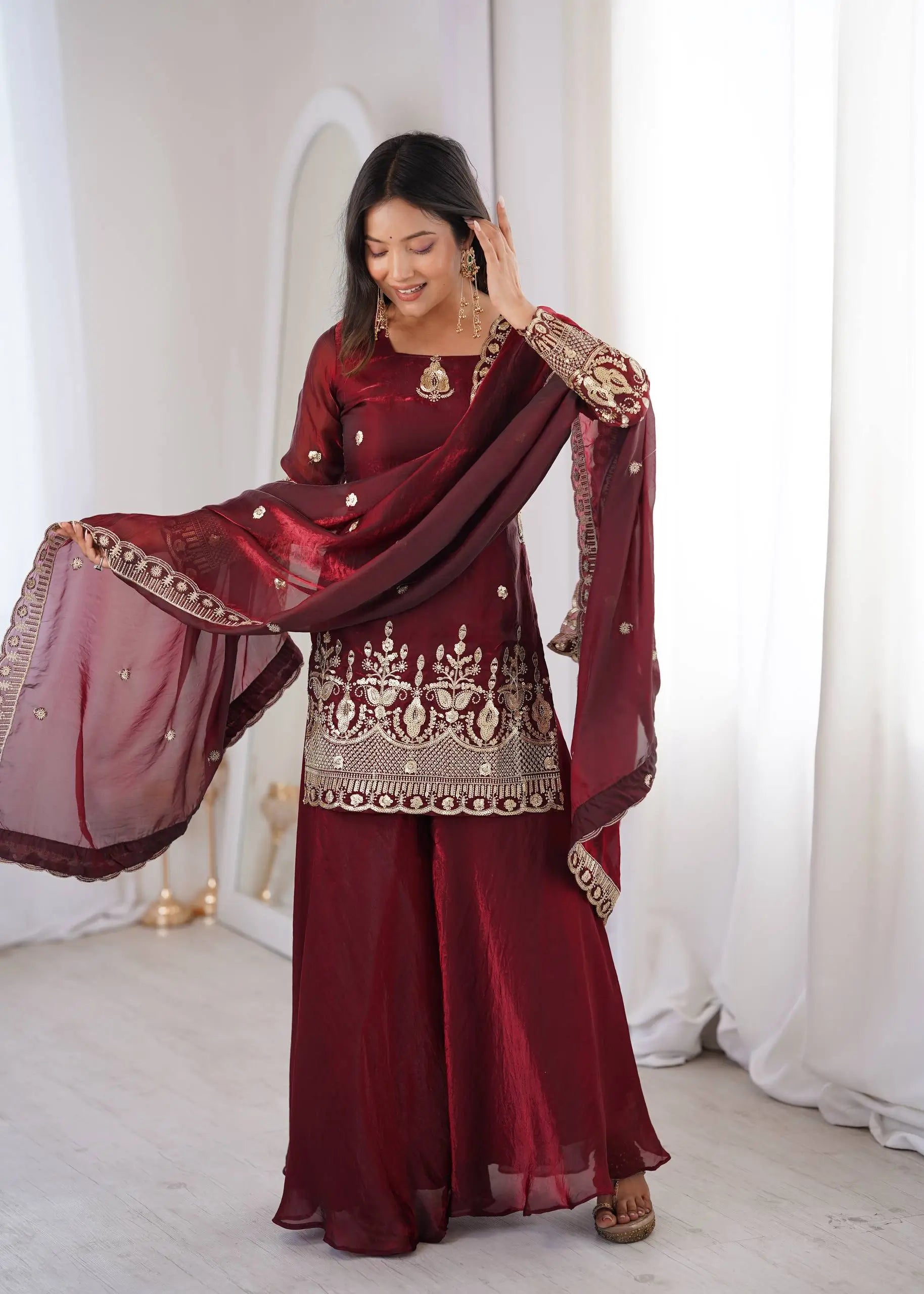 Red Elegant Fendy Silk Sharara Suit Set for Festive and marriage guest outfit