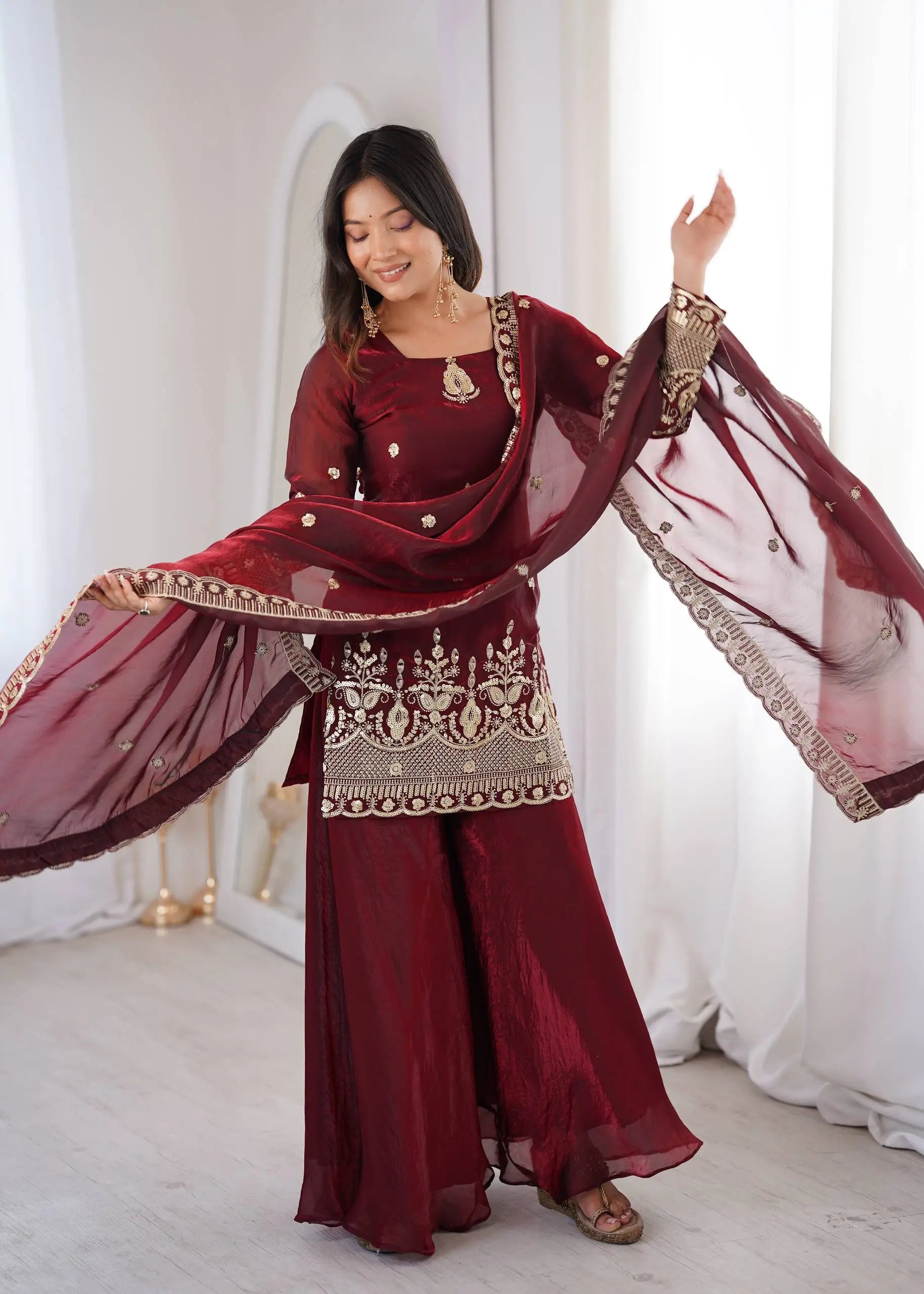 Red Elegant Fendy Silk Sharara Suit Set for Festive and marriage guest outfit