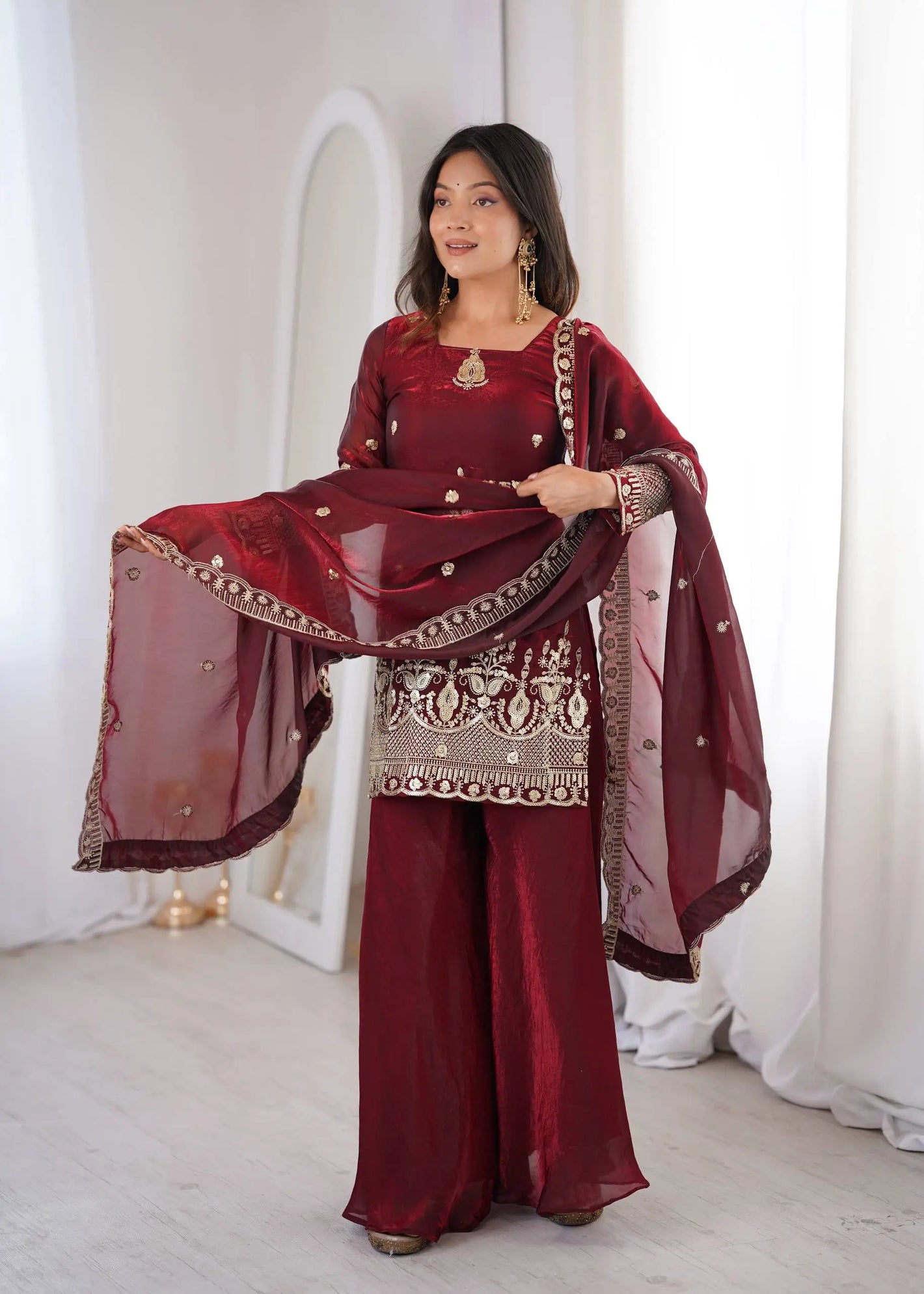 Red Elegant Fendy Silk Sharara Suit Set for Festive and marriage guest outfit