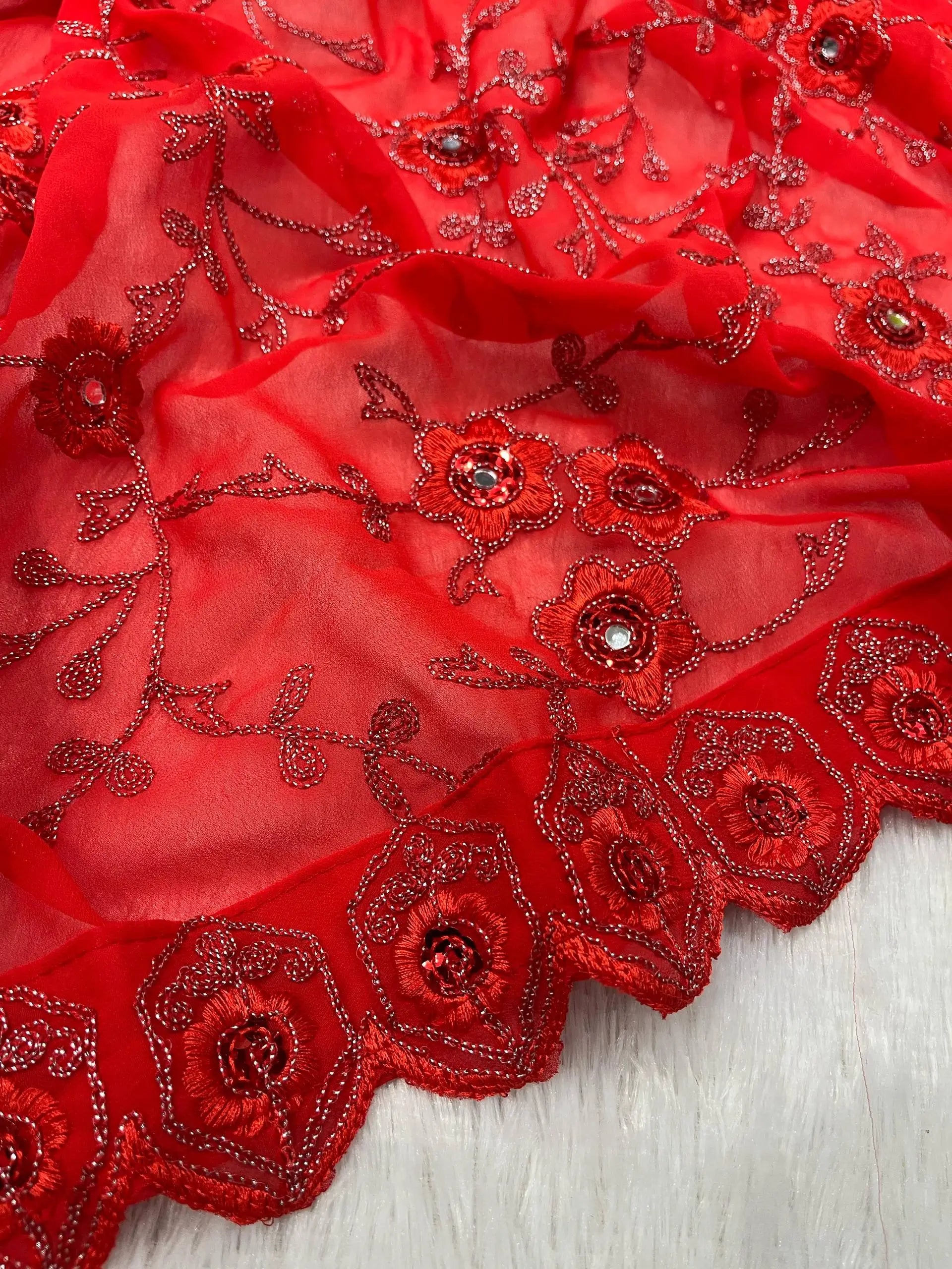 Red Faux Georgette Designer Mirror Work Saree with Jari Dori Embroidery & Ruffled Skirt | Wedding Party Wear