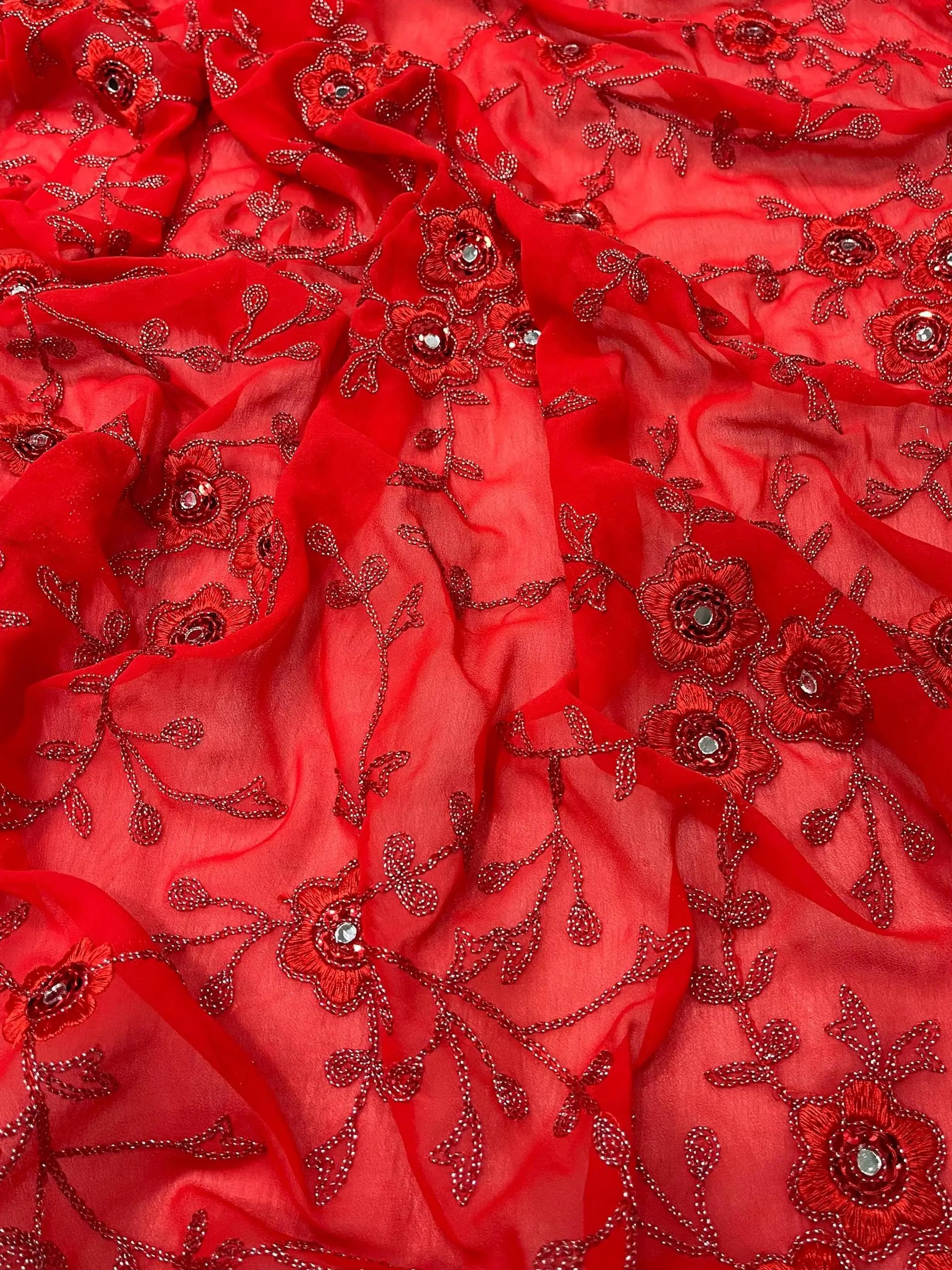 Red Faux Georgette Designer Mirror Work Saree with Jari Dori Embroidery & Ruffled Skirt | Wedding Party Wear