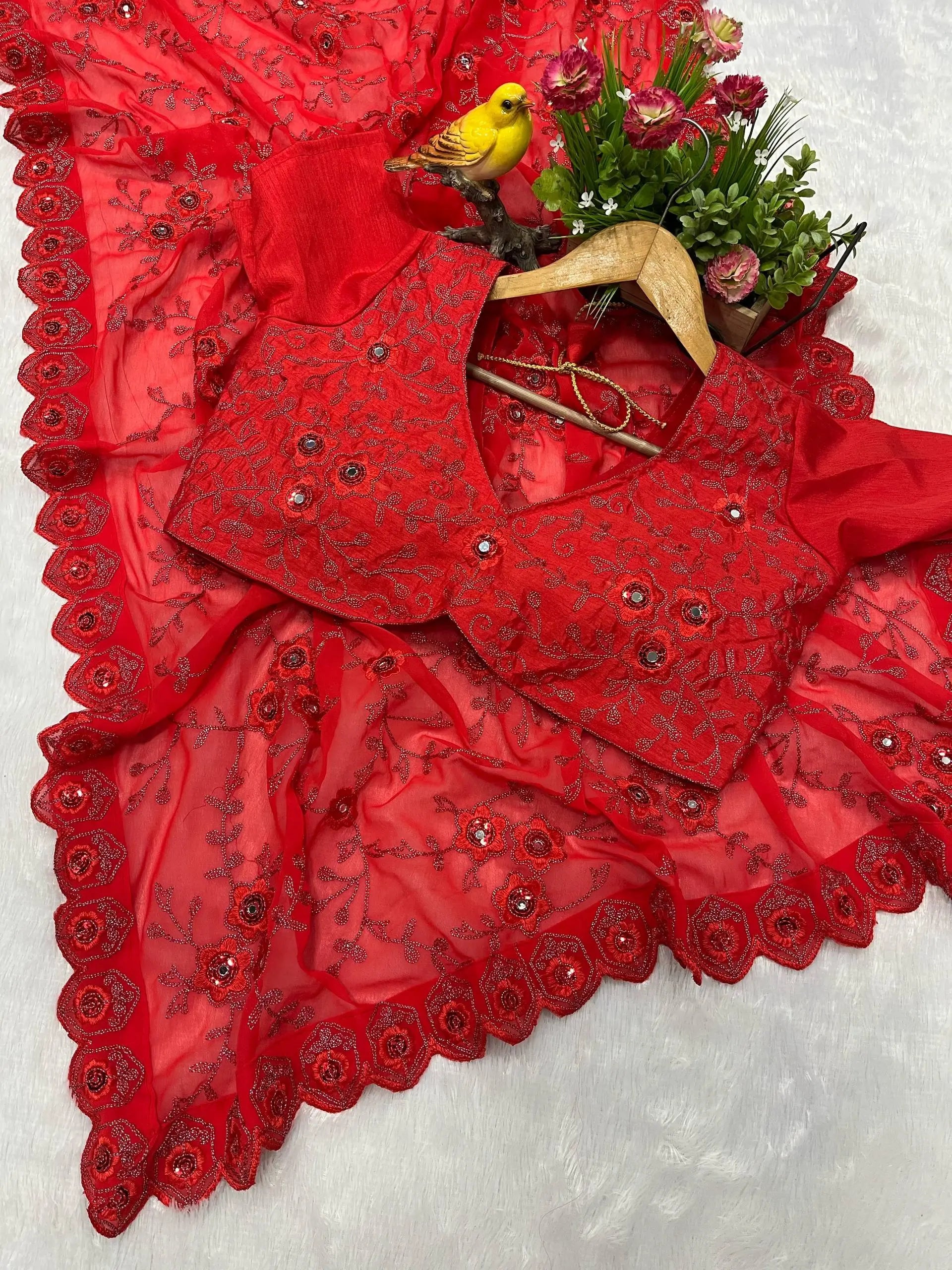 Red Faux Georgette Designer Mirror Work Saree with Jari Dori Embroidery & Ruffled Skirt | Wedding Party Wear