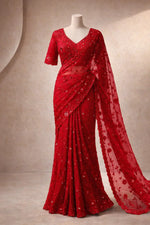 Red Faux Georgette Designer Mirror Work Saree with Jari Dori Embroidery & Ruffled Skirt | Wedding Party Wear