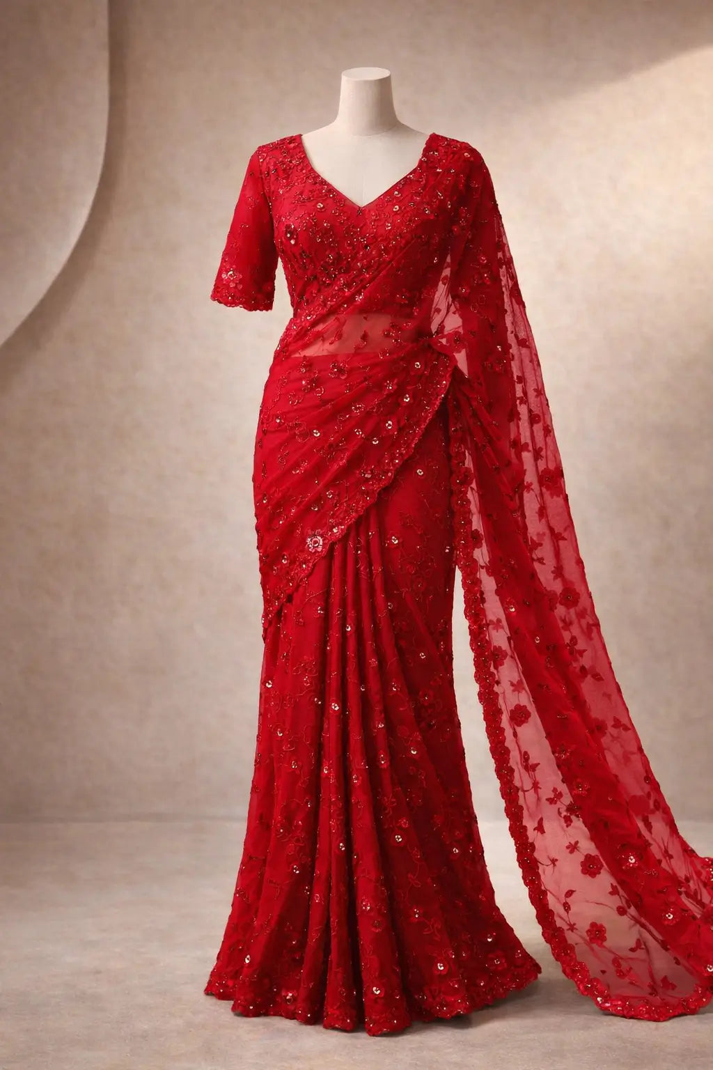 Red Faux Georgette Designer Mirror Work Saree with Jari Dori Embroidery & Ruffled Skirt | Wedding Party Wear