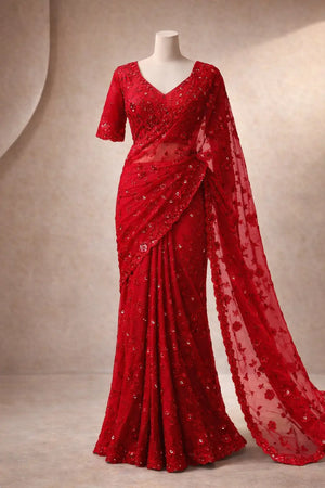 Red Faux Georgette Designer Mirror Work Saree with Jari Dori Embroidery & Ruffled Skirt | Wedding Party Wear