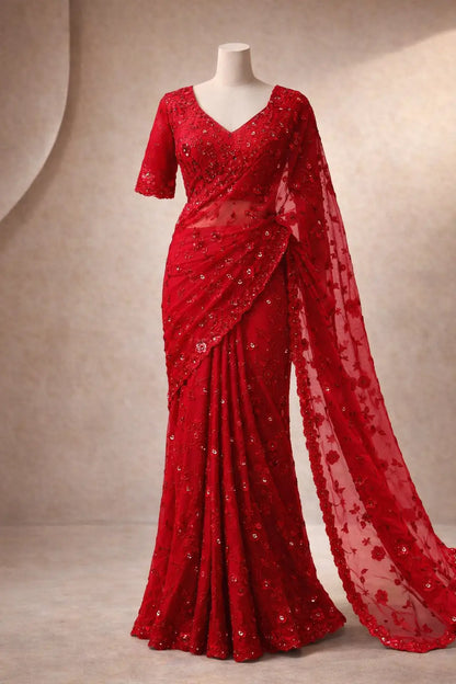 Red Faux Georgette Designer Mirror Work Saree with Jari Dori Embroidery & Ruffled Skirt | Wedding Party Wear
