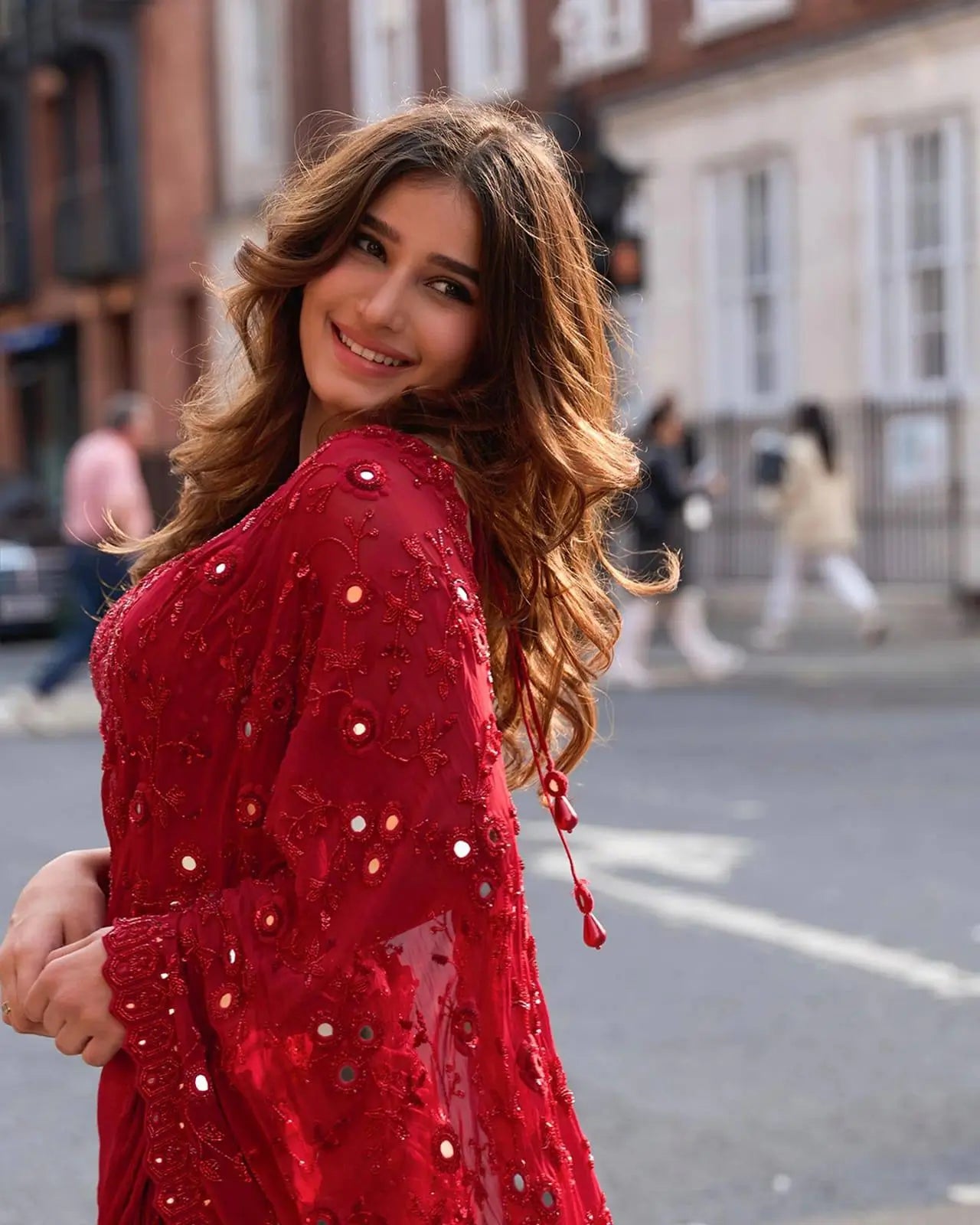 Red Faux Georgette Designer Mirror Work Saree with Jari Dori Embroidery & Ruffled Skirt | Wedding Party Wear