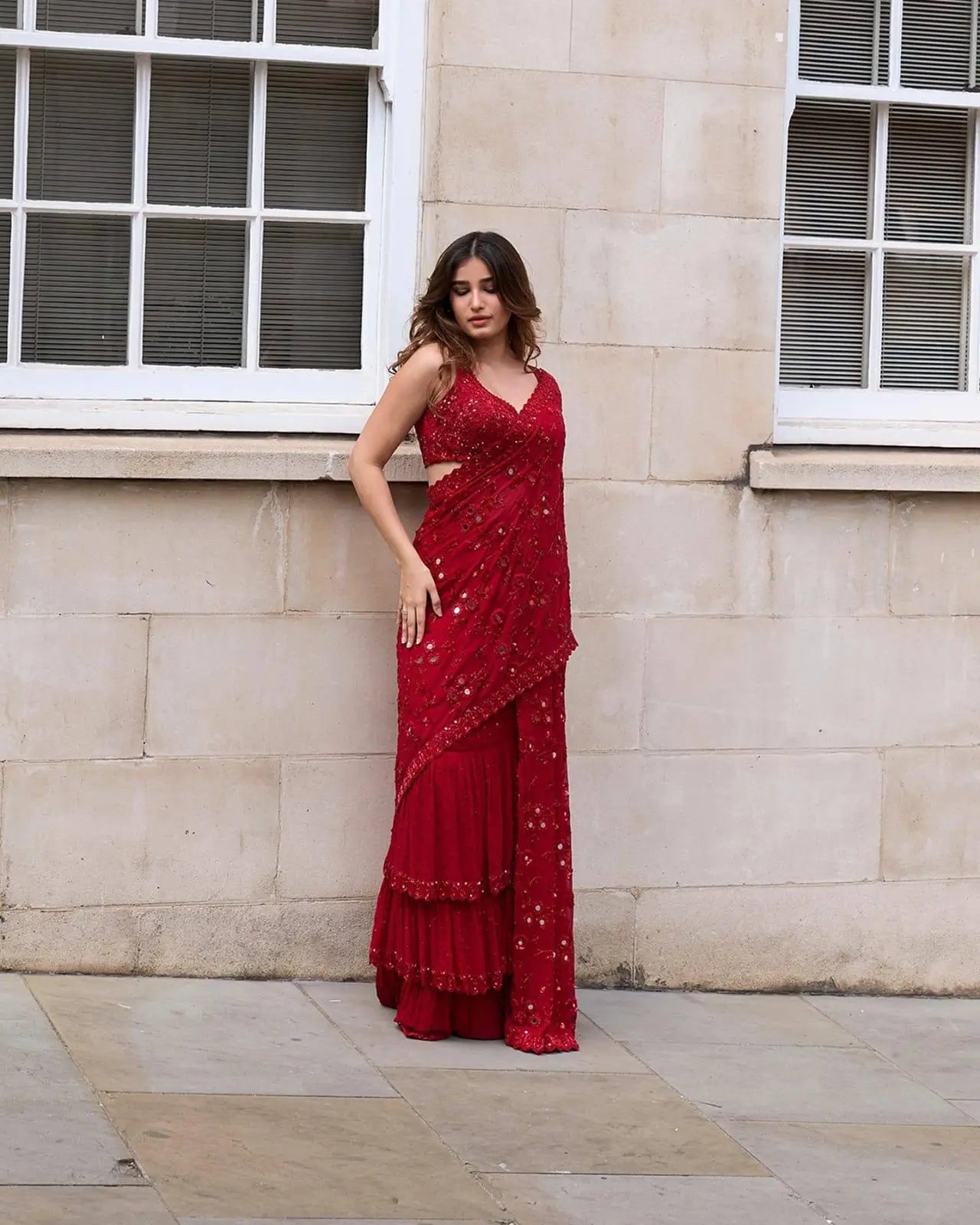 Red Faux Georgette Designer Mirror Work Saree with Jari Dori Embroidery & Ruffled Skirt | Wedding Party Wear