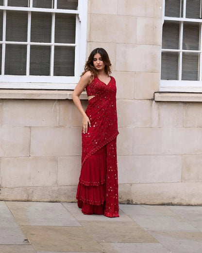 Red Faux Georgette Designer Mirror Work Saree with Jari Dori Embroidery & Ruffled Skirt | Wedding Party Wear