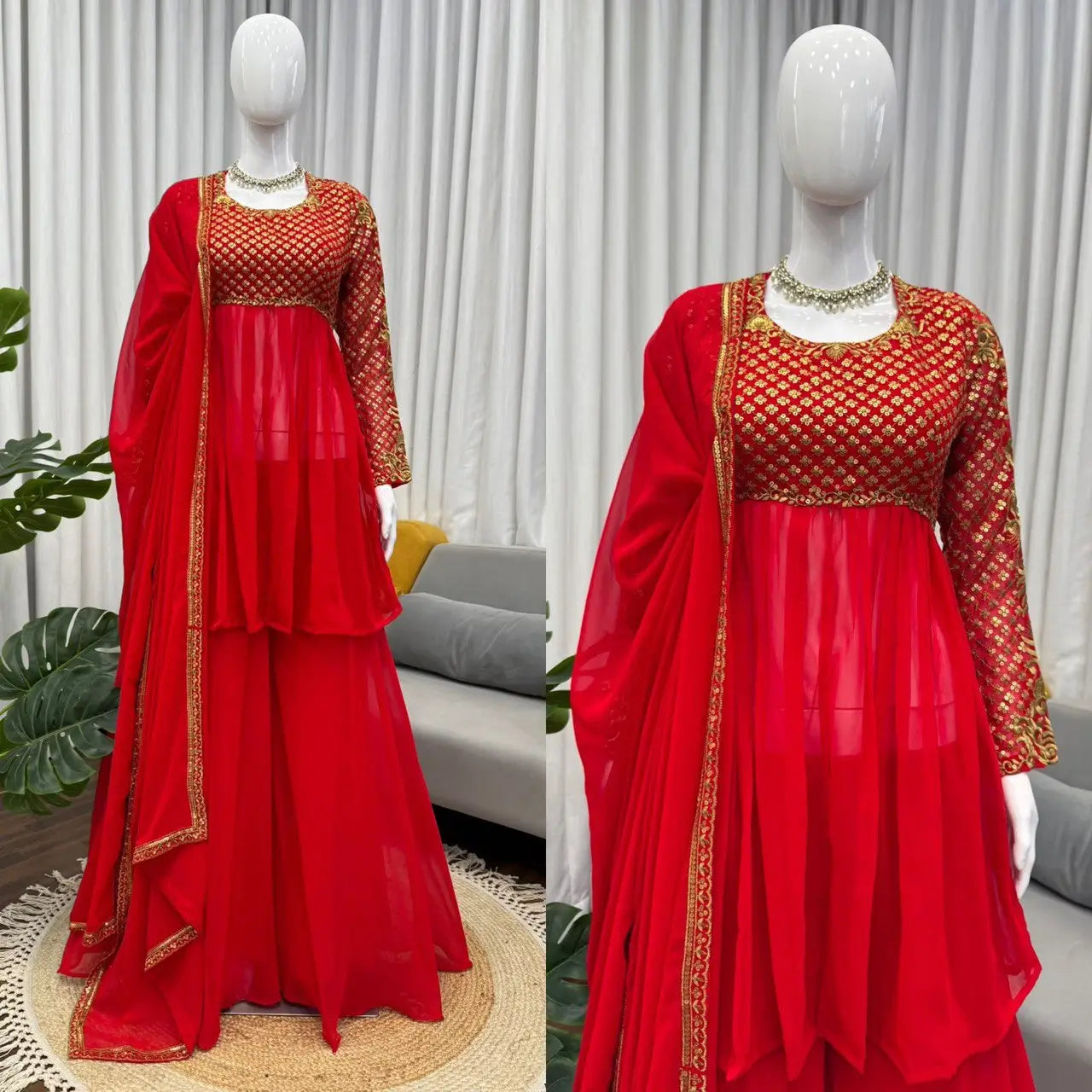 Red Faux Georgette Embroidered Sharara Set with Dupatta | Front & Back Embroidery | Party & Wedding Wear