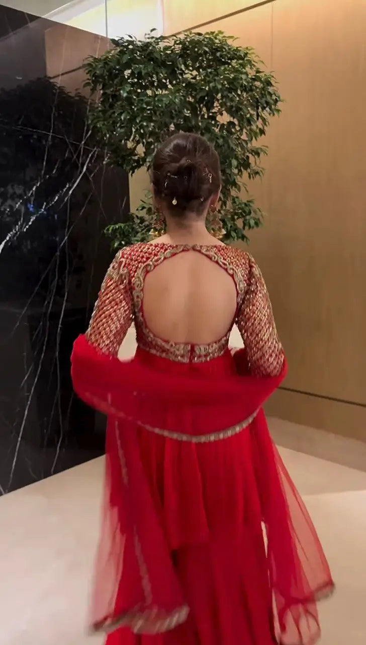 Red Faux Georgette Embroidered Sharara Set with Dupatta | Front & Back Embroidery | Party & Wedding Wear