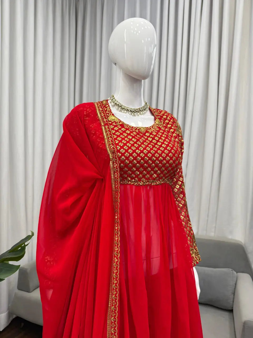Red Faux Georgette Embroidered Sharara Set with Dupatta | Front & Back Embroidery | Party & Wedding Wear