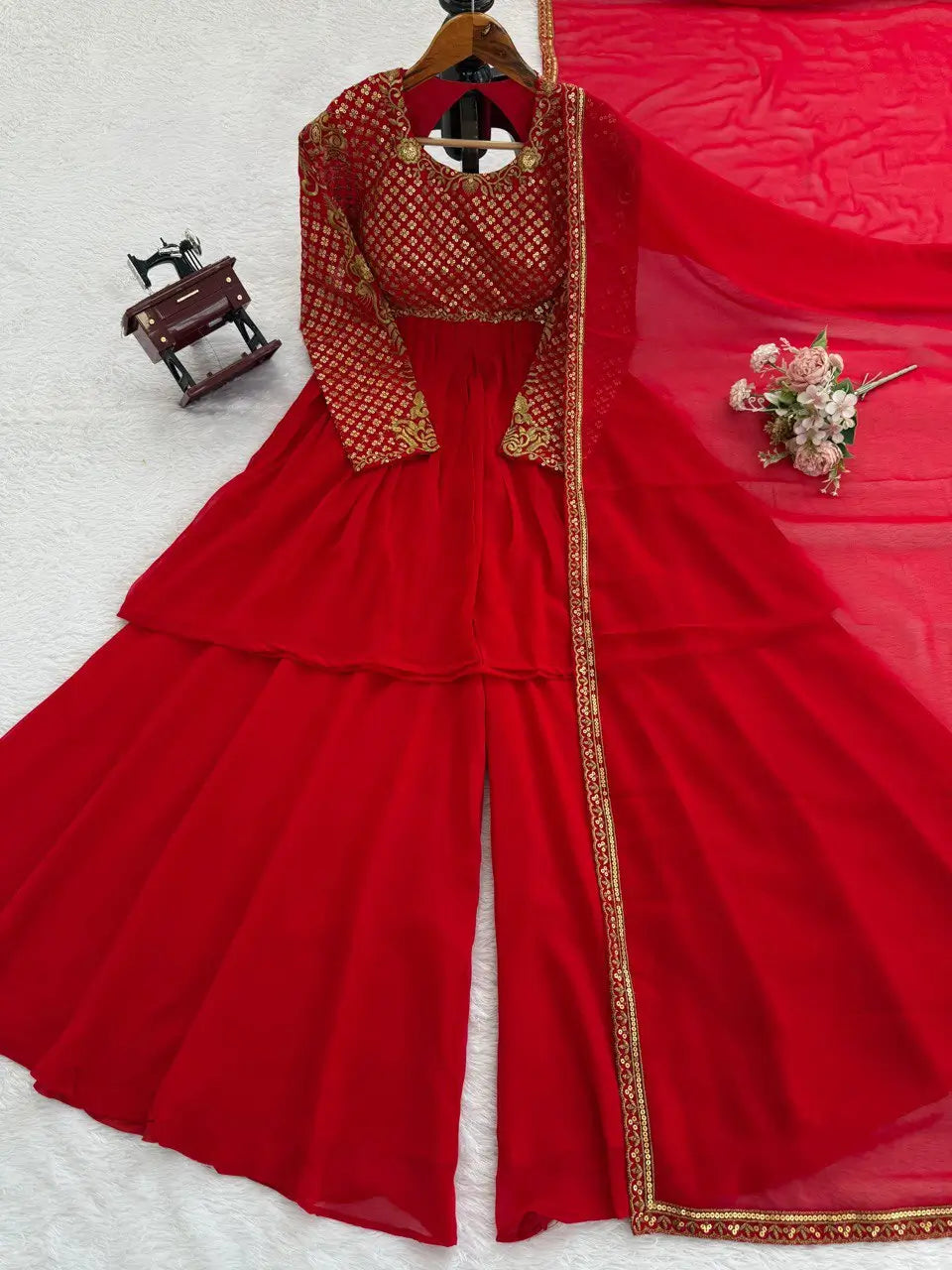 Red Faux Georgette Embroidered Sharara Set with Dupatta | Front & Back Embroidery | Party & Wedding Wear