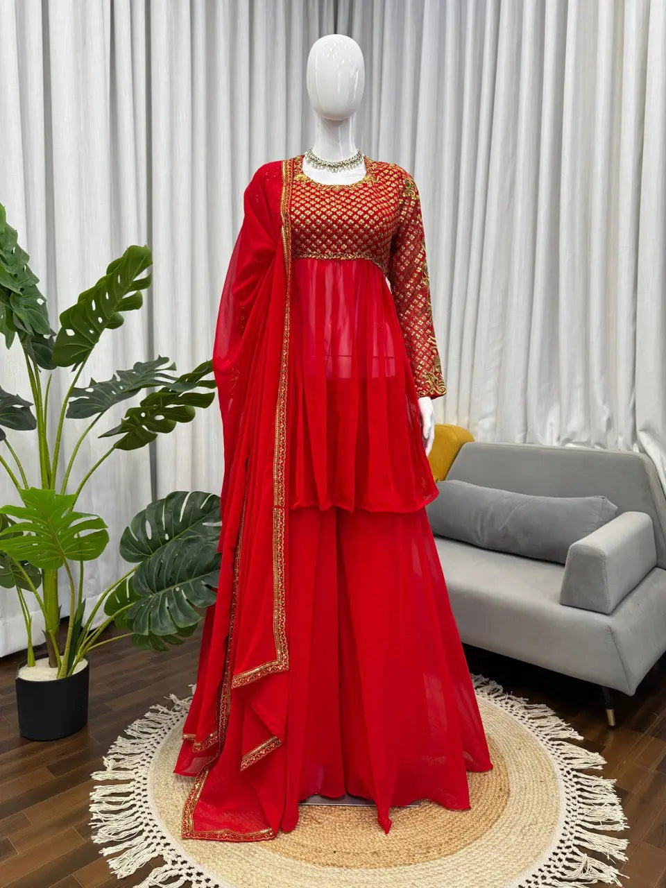 Red Faux Georgette Embroidered Sharara Set with Dupatta | Front & Back Embroidery | Party & Wedding Wear