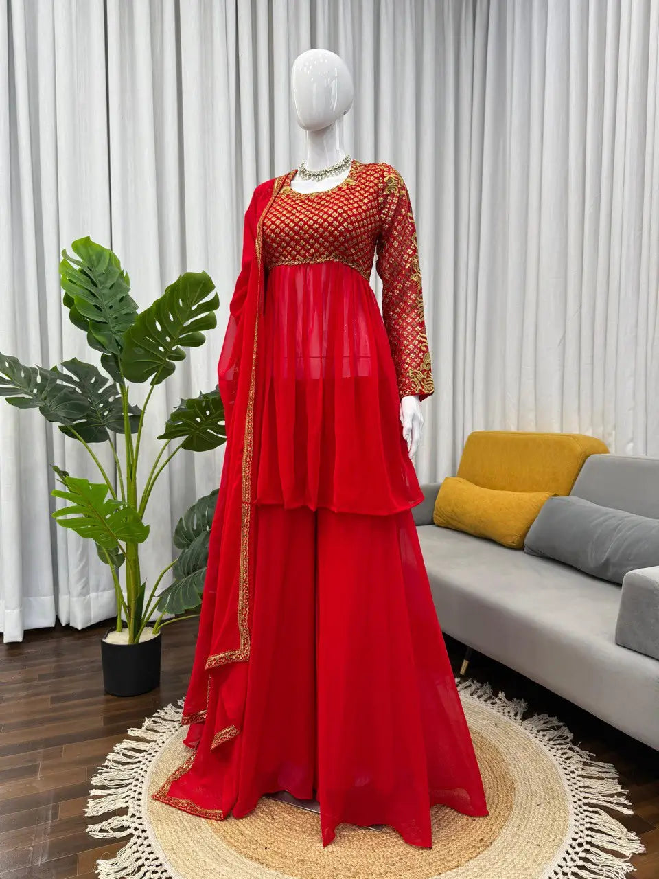 Red Faux Georgette Embroidered Sharara Set with Dupatta | Front & Back Embroidery | Party & Wedding Wear
