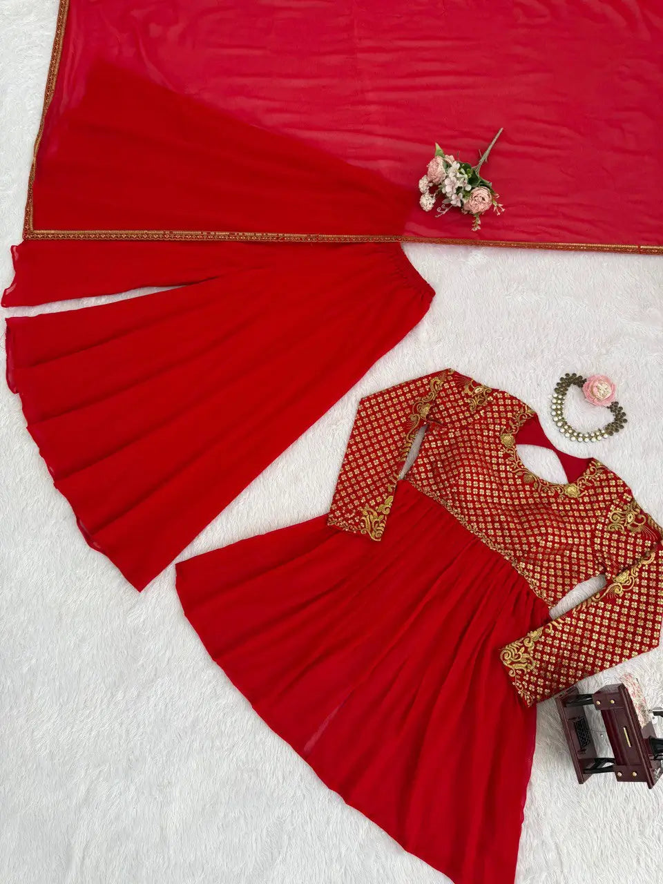 Red Faux Georgette Embroidered Sharara Set with Dupatta | Front & Back Embroidery | Party & Wedding Wear