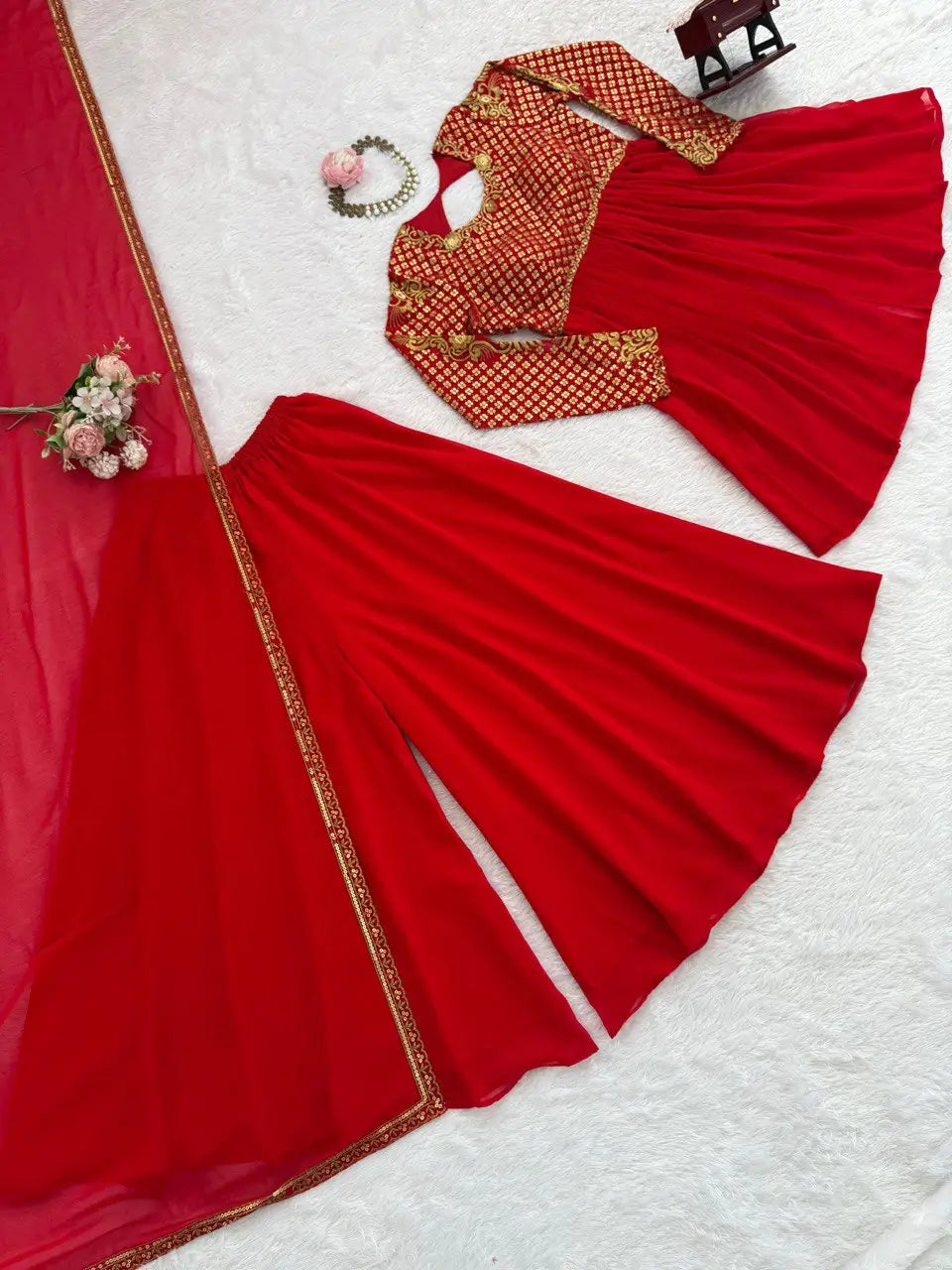 Red Faux Georgette Embroidered Sharara Set with Dupatta | Front & Back Embroidery | Party & Wedding Wear