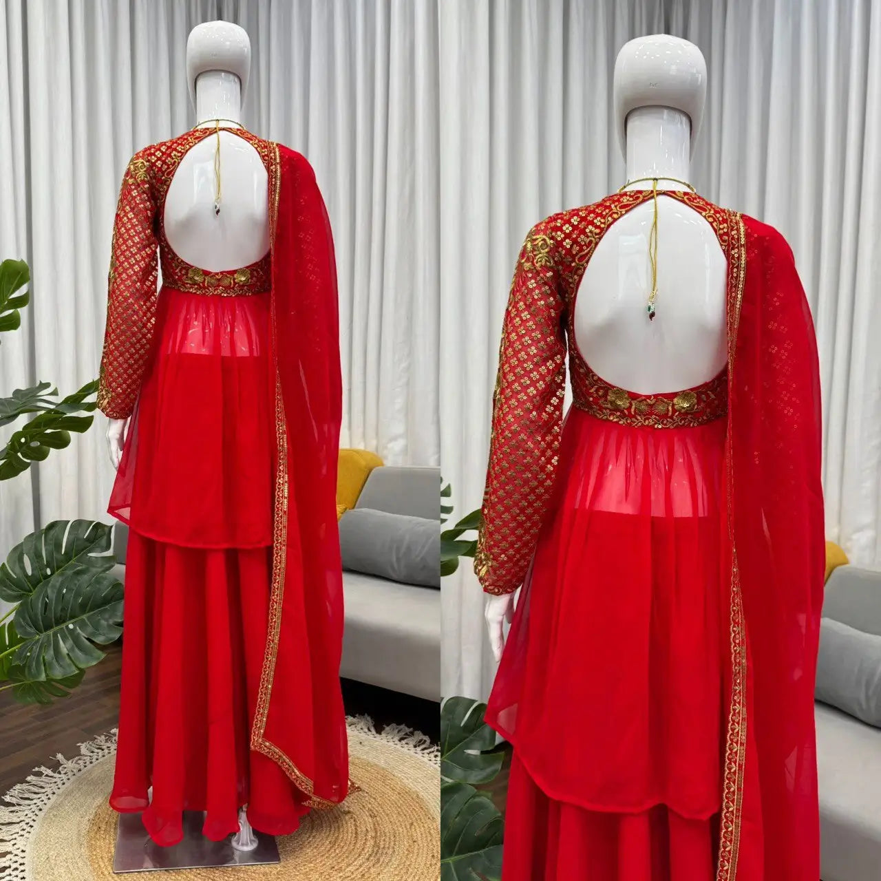 Red Faux Georgette Embroidered Sharara Set with Dupatta | Front & Back Embroidery | Party & Wedding Wear