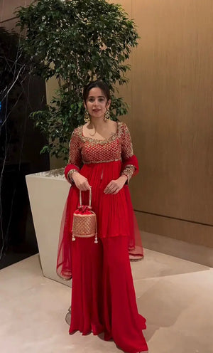 Red Faux Georgette Embroidered Sharara Set with Dupatta | Front & Back Embroidery | Party & Wedding Wear