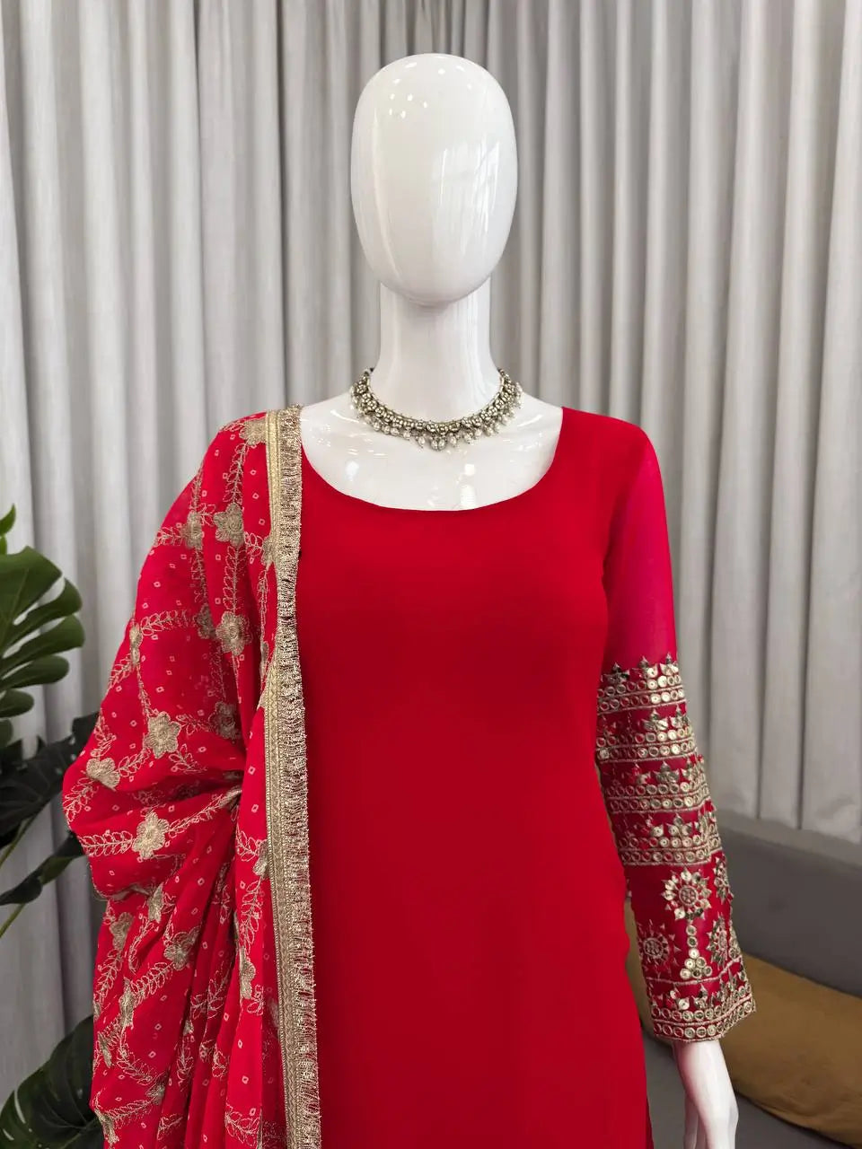 Red Faux Georgette Sequence Anarkali Set