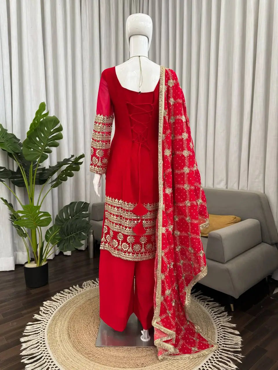 Red Faux Georgette Sequence Anarkali Set