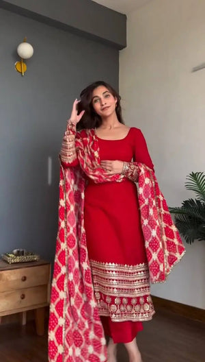 Red Faux Georgette Sequence Anarkali Set