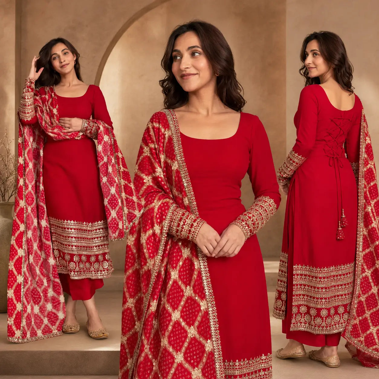 Red Faux Georgette Sequence Anarkali Set
