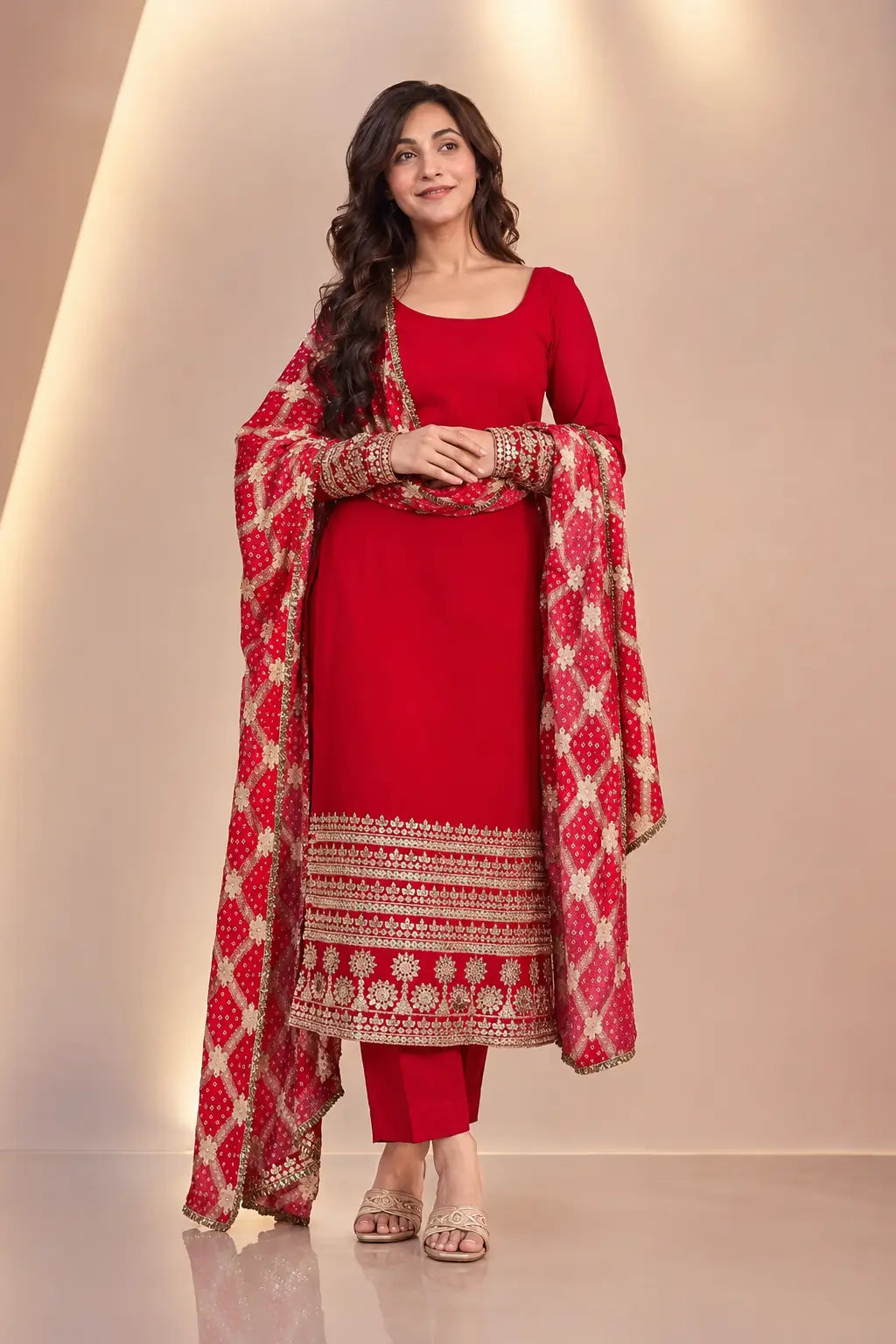 Red Faux Georgette Sequence Anarkali Set