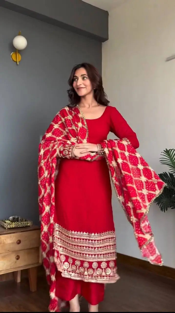 Red Faux Georgette Sequence Anarkali Set