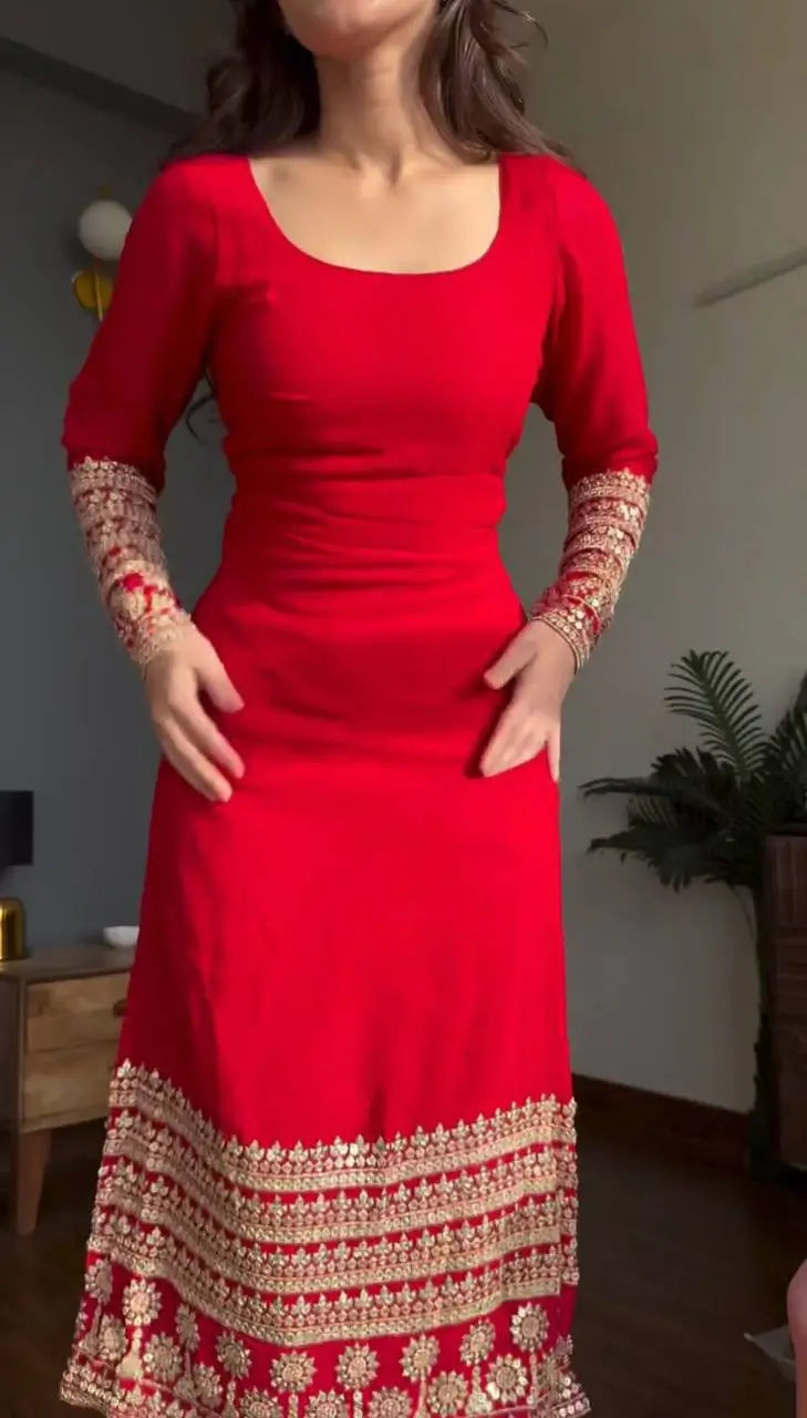 Red Faux Georgette Sequence Anarkali Set