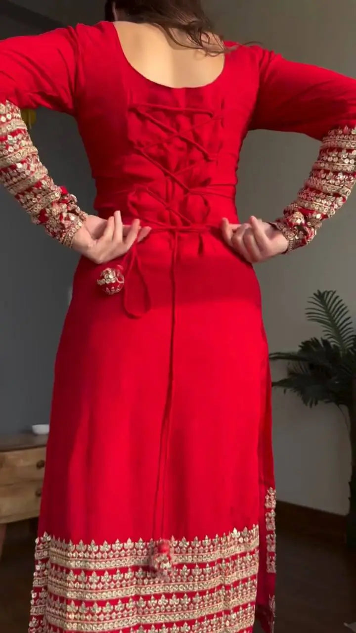 Red Faux Georgette Sequence Anarkali Set