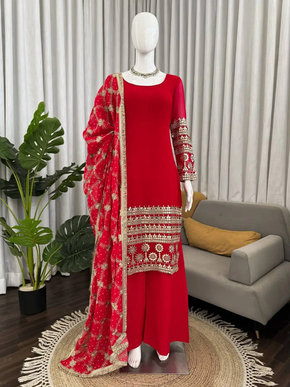 Red Faux Georgette Sequence Anarkali Set