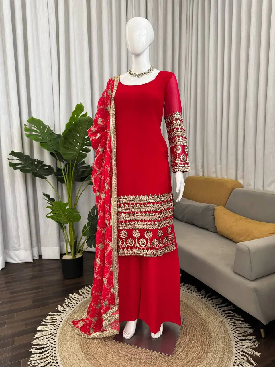 Red Faux Georgette Sequence Anarkali Set