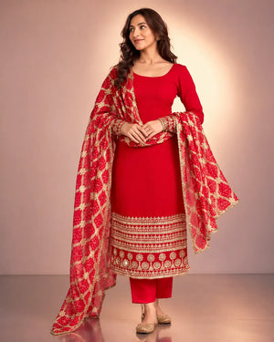 Red Faux Georgette Sequence Anarkali Set