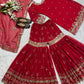 Red Faux Georgette Sharara Set with 5mm Sequence Embroidery and Butterfly Net Dupatta