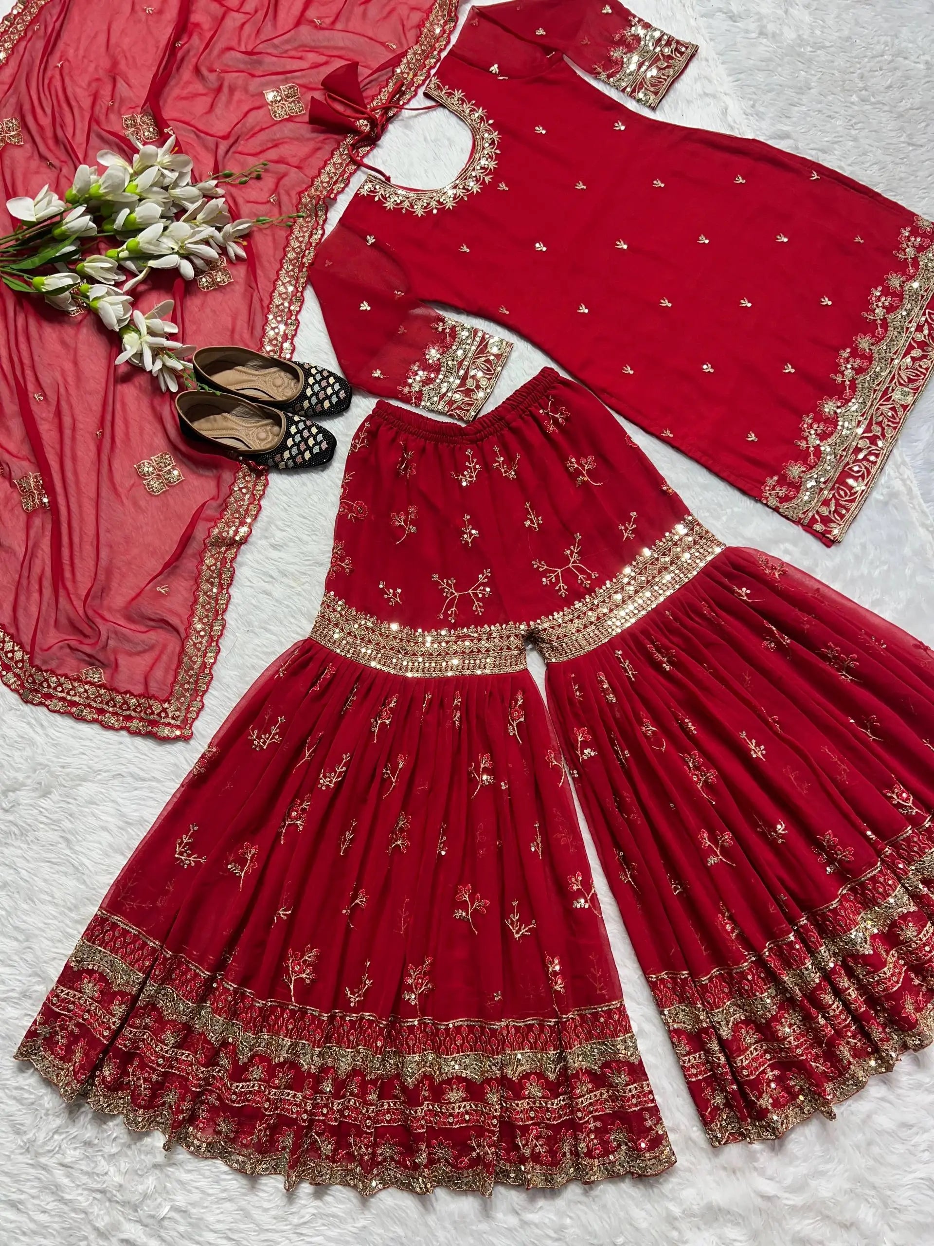 Red Faux Georgette Sharara Set with 5mm Sequence Embroidery and Butterfly Net Dupatta