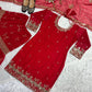 Red Faux Georgette Sharara Set with 5mm Sequence Embroidery and Butterfly Net Dupatta